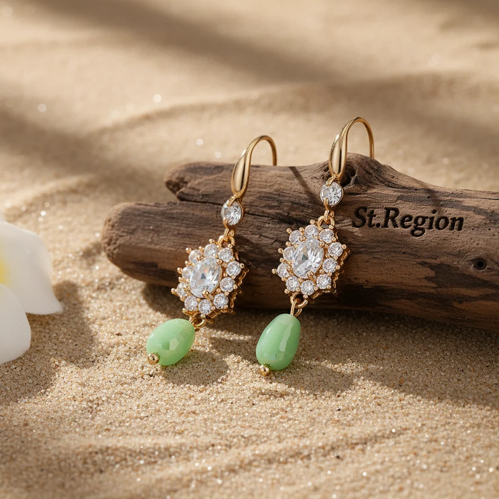 Effective Crystal Green Resin Cubic Zirconia Goldtone Oval Flower Drop Earrings Specialty
