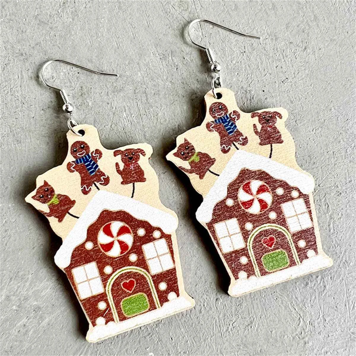 Official Brown Wood Silvertone Snow House Drop Earrings Green