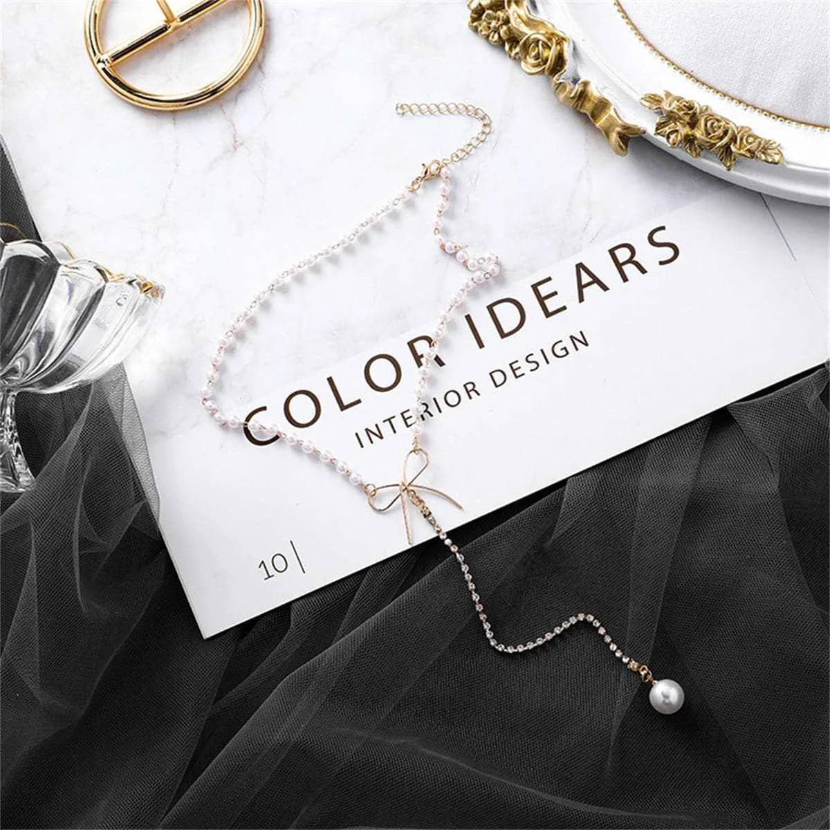 Eco-Friendly Pearl Cubic Zirconia Bow Lariat Necklace Reusable