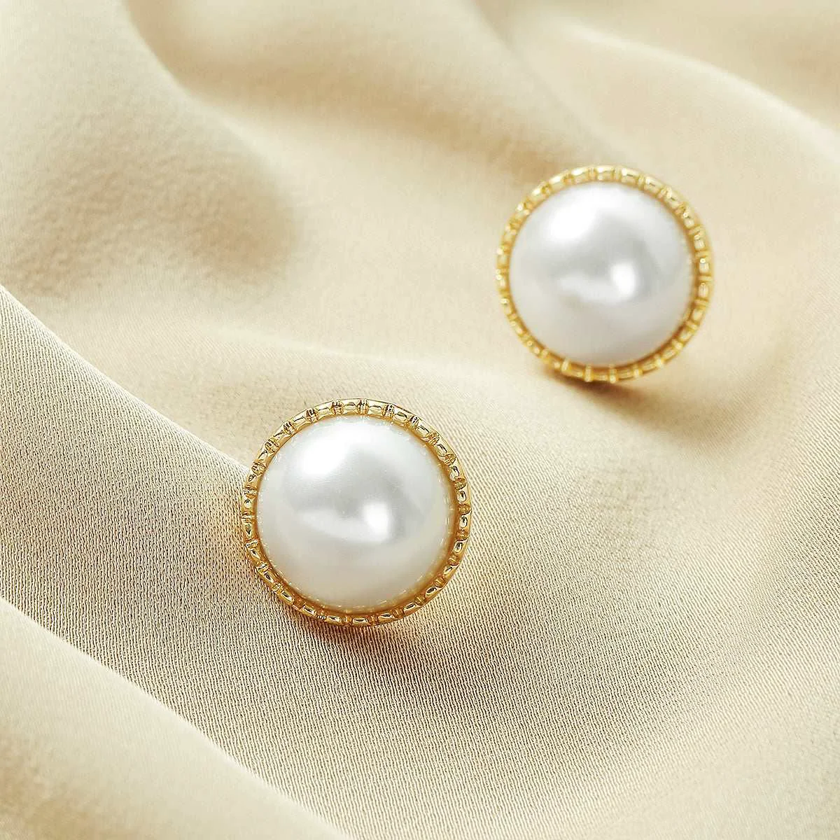 Relaxed Pearl Goldtone Round Huggie Earrings Artisan