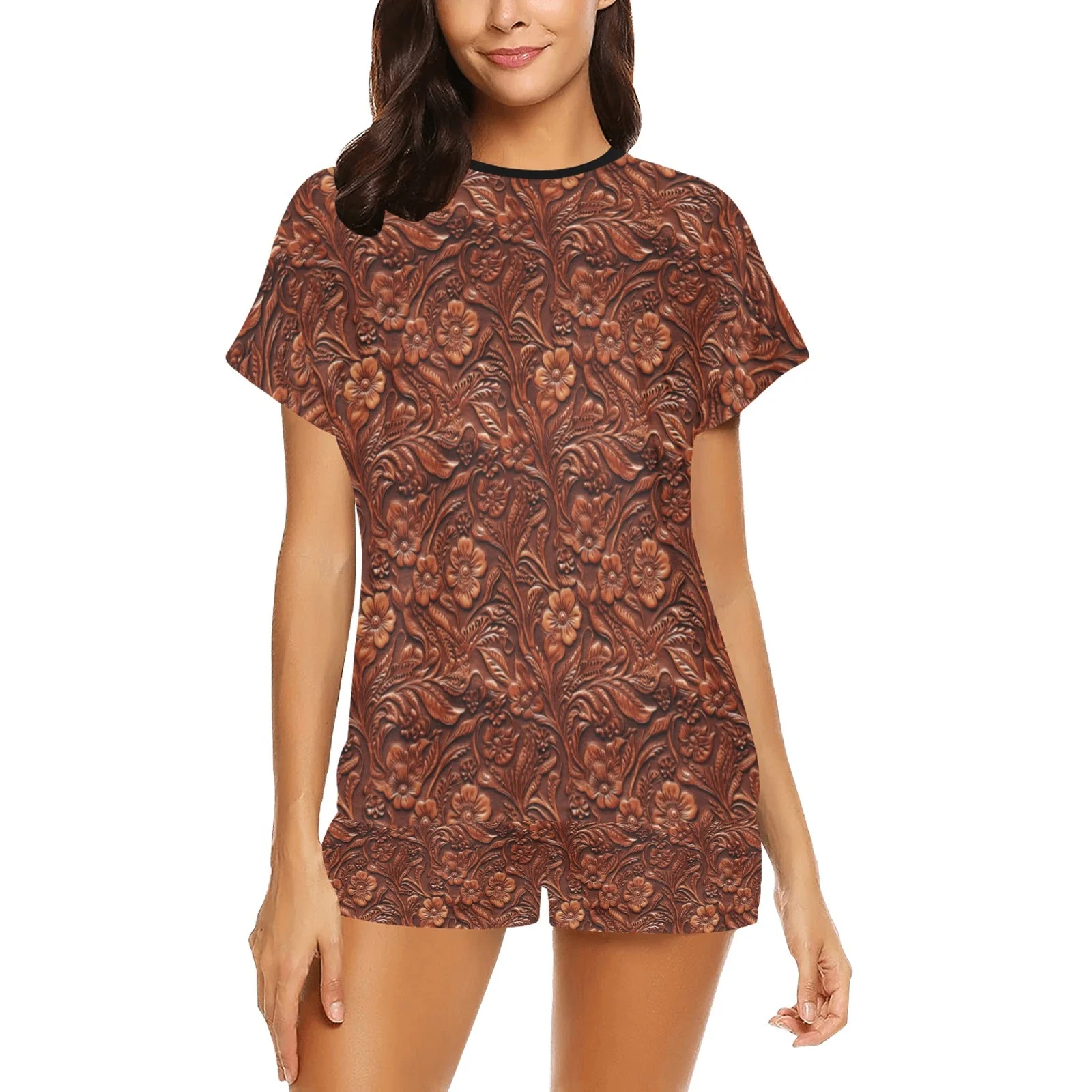 Recyclable Leather Floral Print Women's Western Top and Shorts Pajama Set Reliable