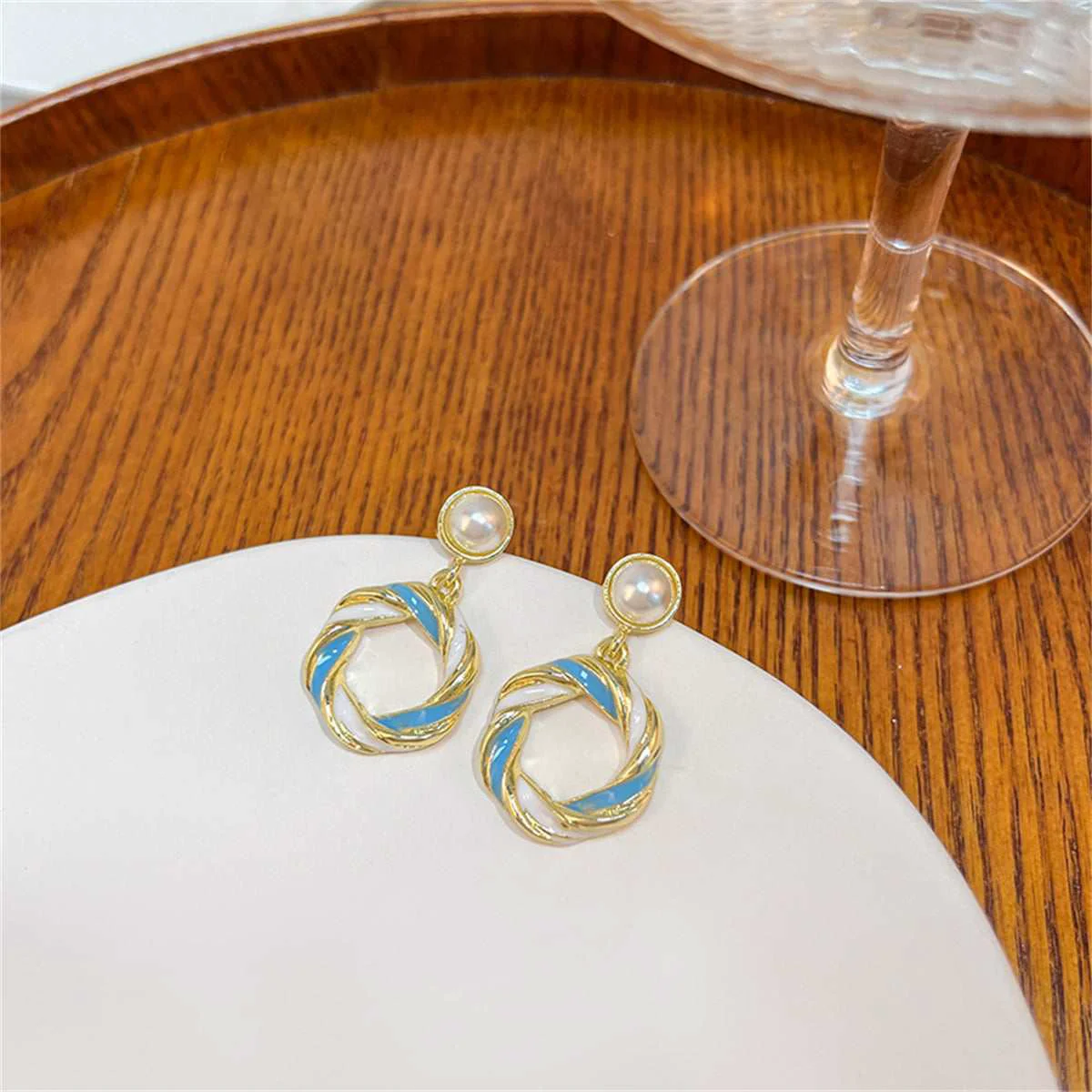 Trusted Blue Enamel Pearl Goldtone Twine Round Drop Earrings Eco-Friendly