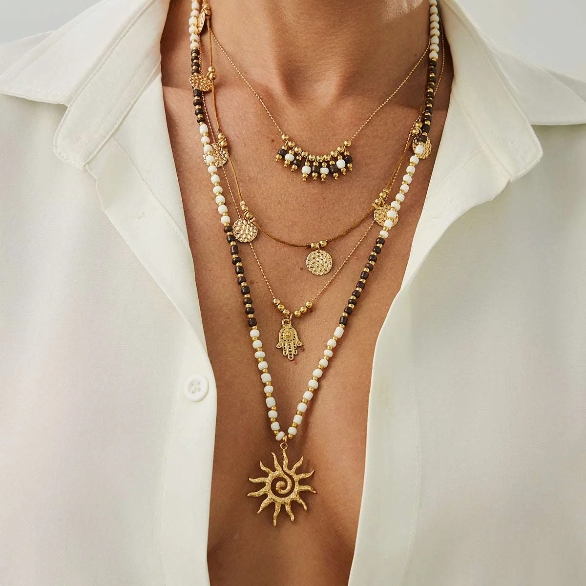 Flexible Black Howlite Polyster Goldtone Hamsa Sun Pendant Necklace Set Original