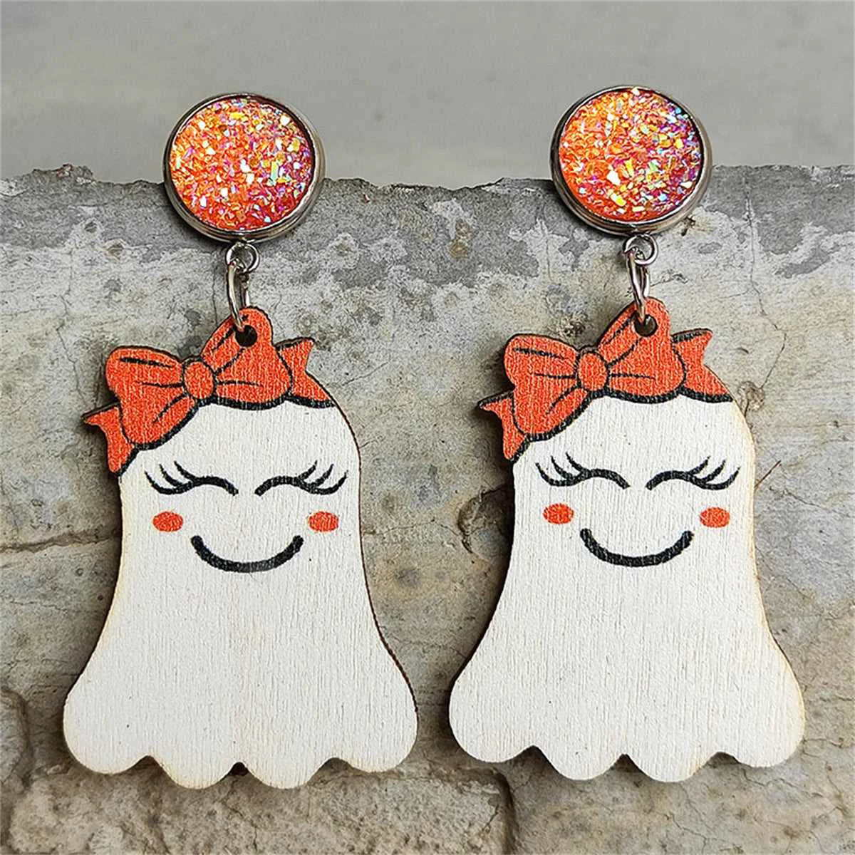 Original Design White Orange Wood Drusy MS.Ghost Drop Earrings Soft