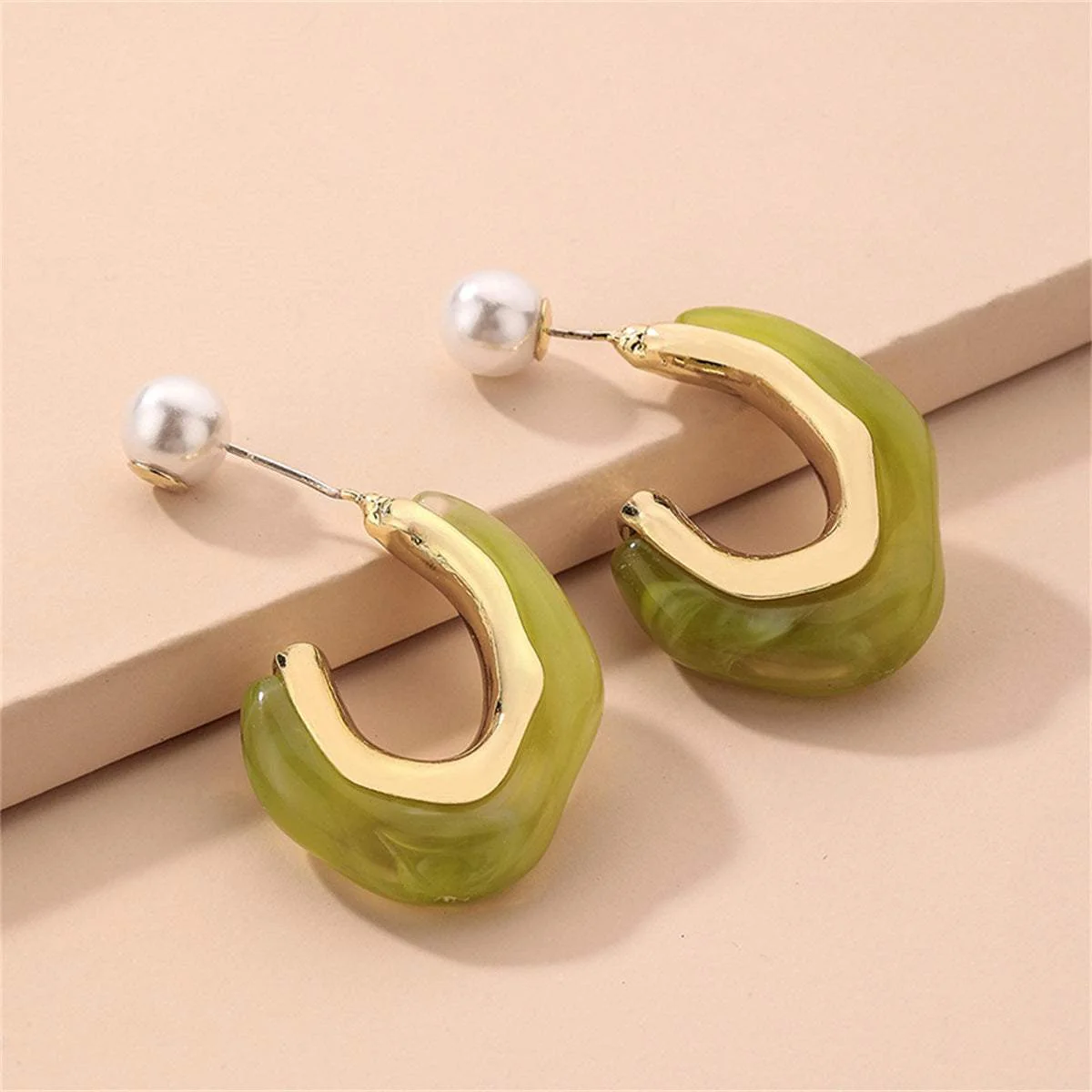 Long-Lasting Green Pearl C-Shape Ear Jackets Genuine
