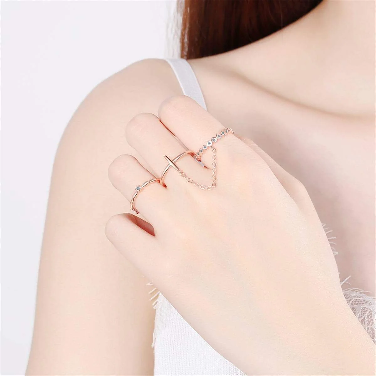 Eco-Friendly Cubic Zirconia Rose Goldtone Linked Adjustable Ring Set Artisan