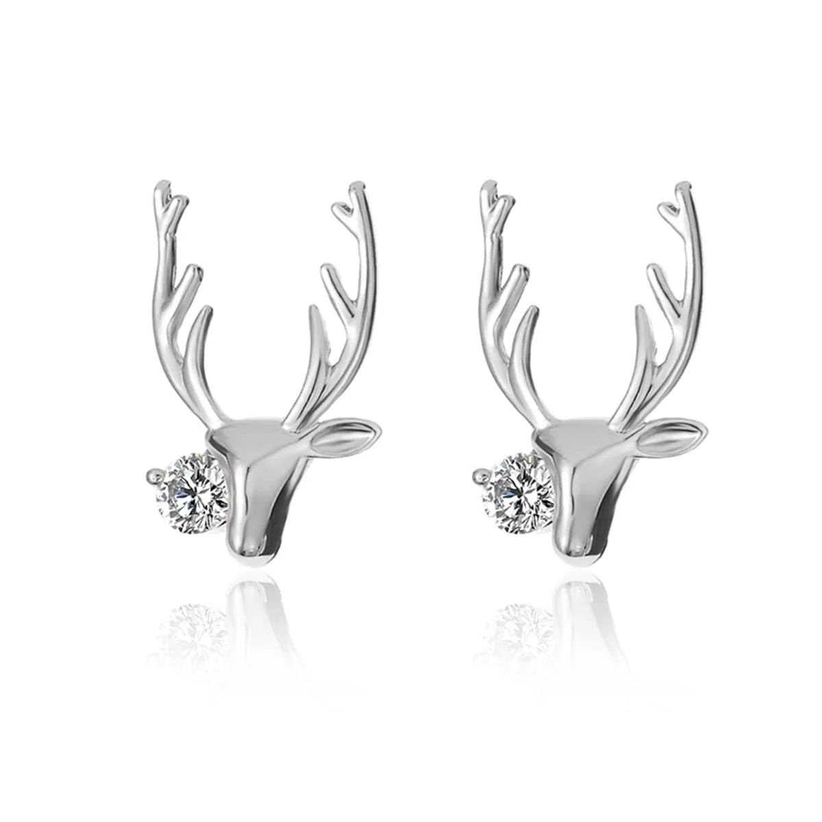 Recyclable Cubic Zirconia Silvertone Deer Head Stud Earrings Fast