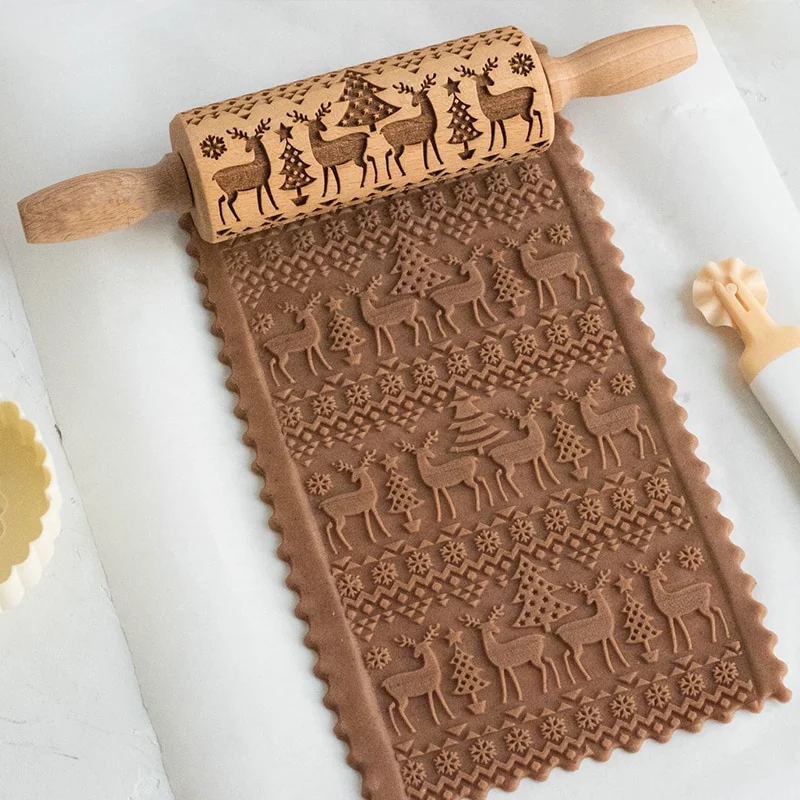 Lightweight Decorative Holiday Embossed Christmas Rolling Pin Artisan