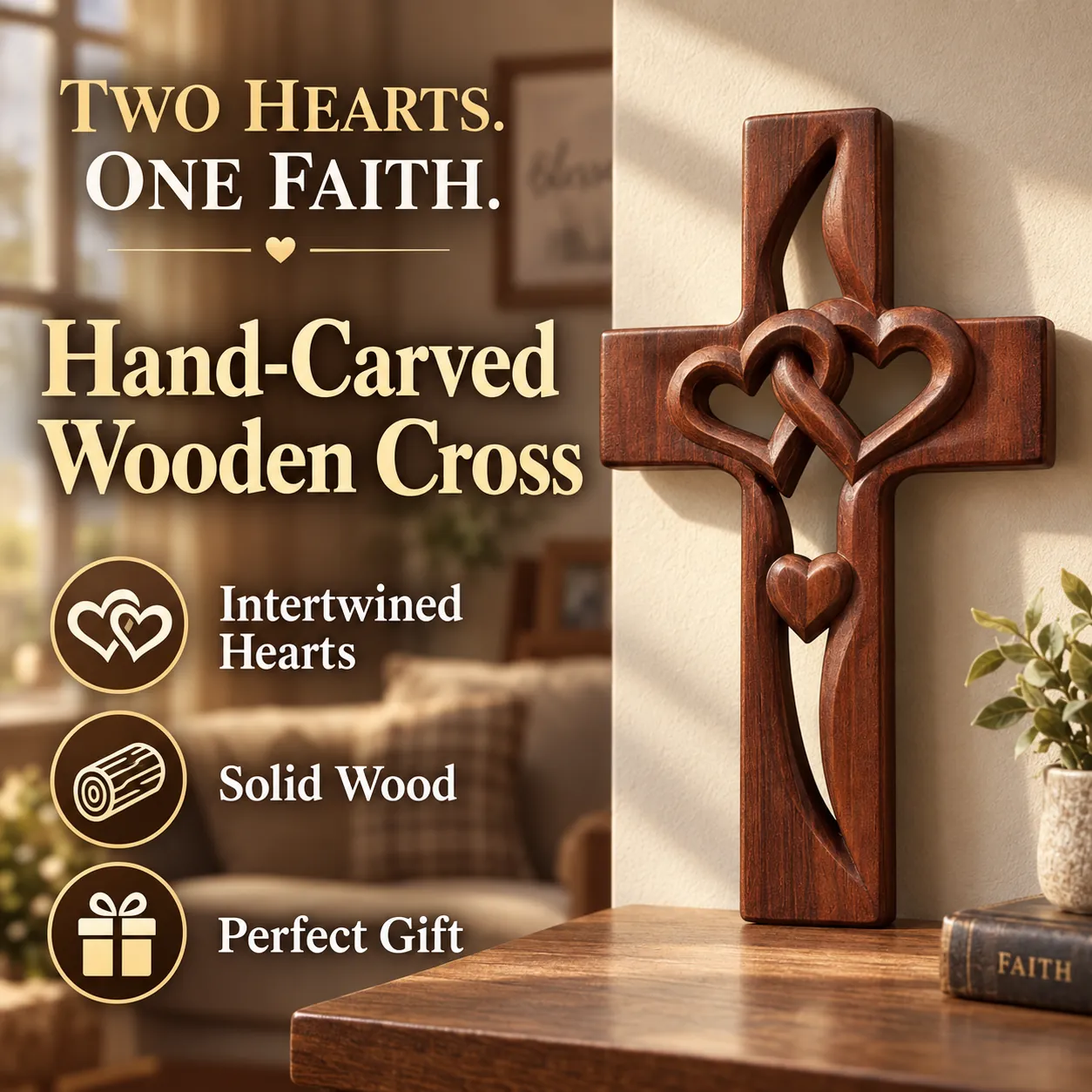 Versatile Hand-Carved Wooden Cross with Intertwined Hearts Solid Wood Wall Decor Two Hearts One Cross. A Gift That Says What Words Cannot. Breathable