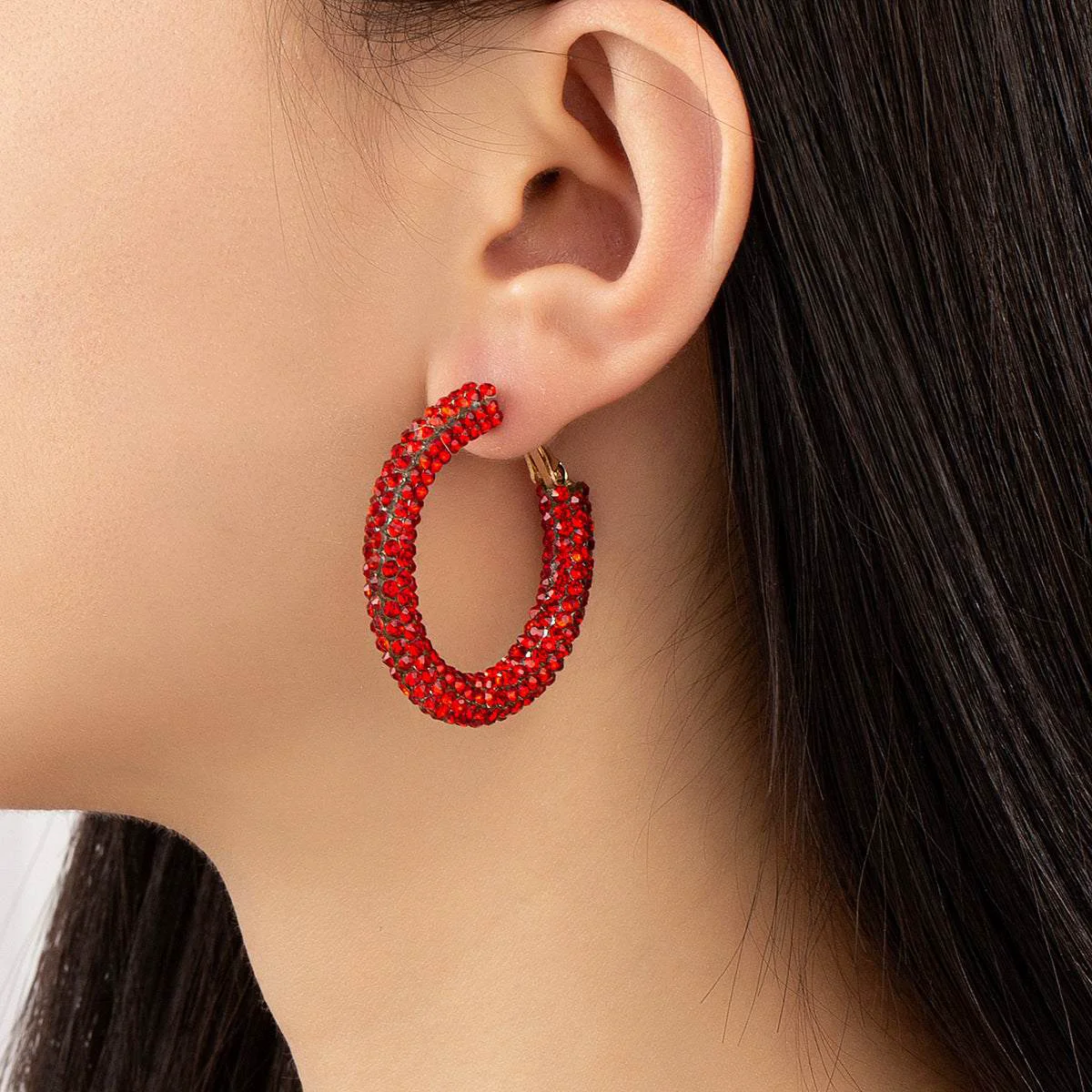 Smooth Red Cubic Zirconia Goldtone Hoop Earrings Flexible
