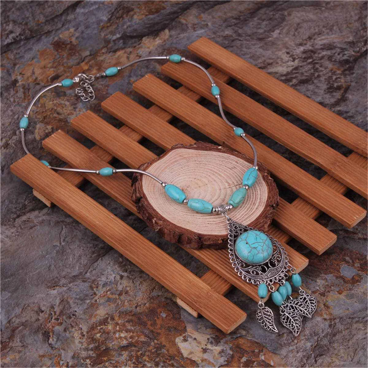 Minimalist Turquoise Silvertone Tassel Pendant Necklace Sustainable