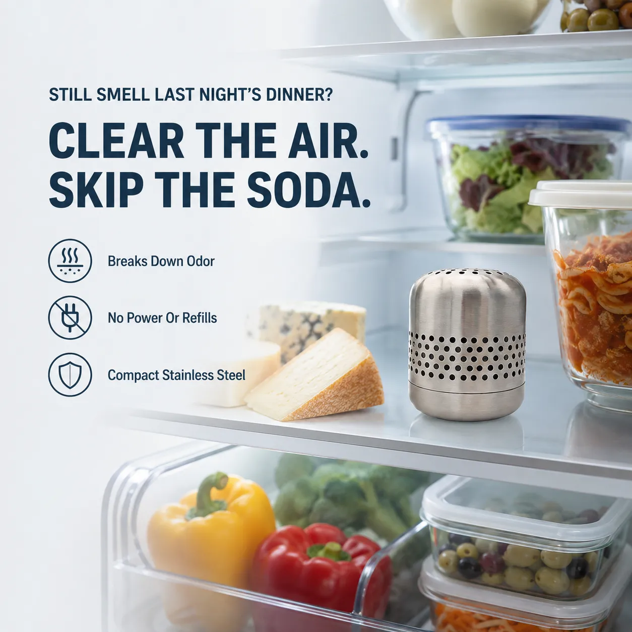 Premium Stainless Steel Fridge Deodorizer - Catalytic Odor Eliminator Fresh Fridge No Box of Soda Required Luxury