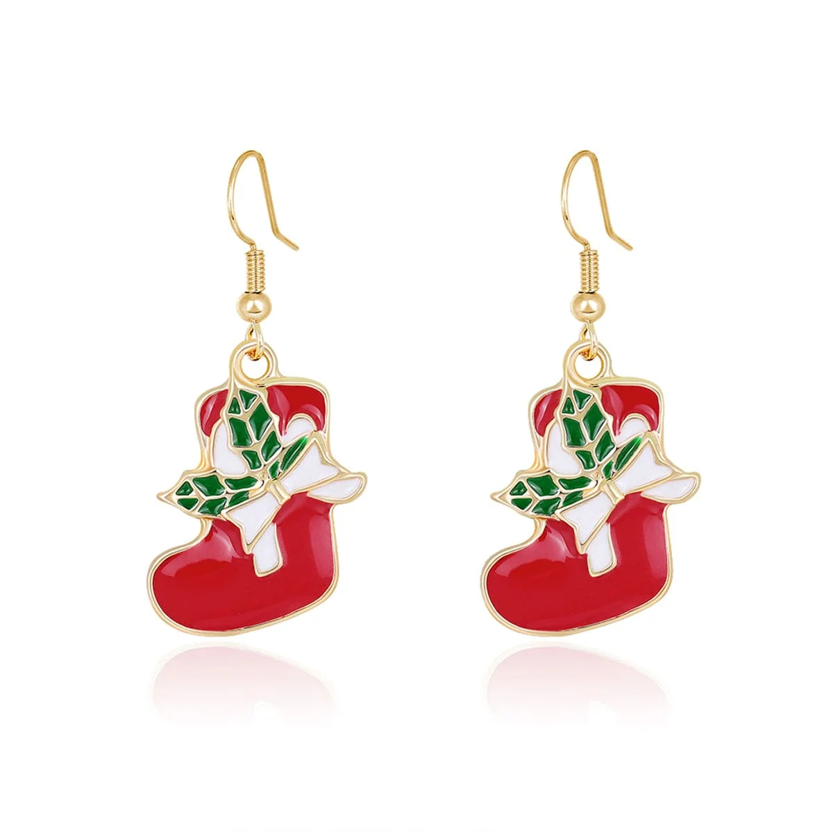 Soft Red Enamel Goldtone Stocking Drop Earrings Expertly Made