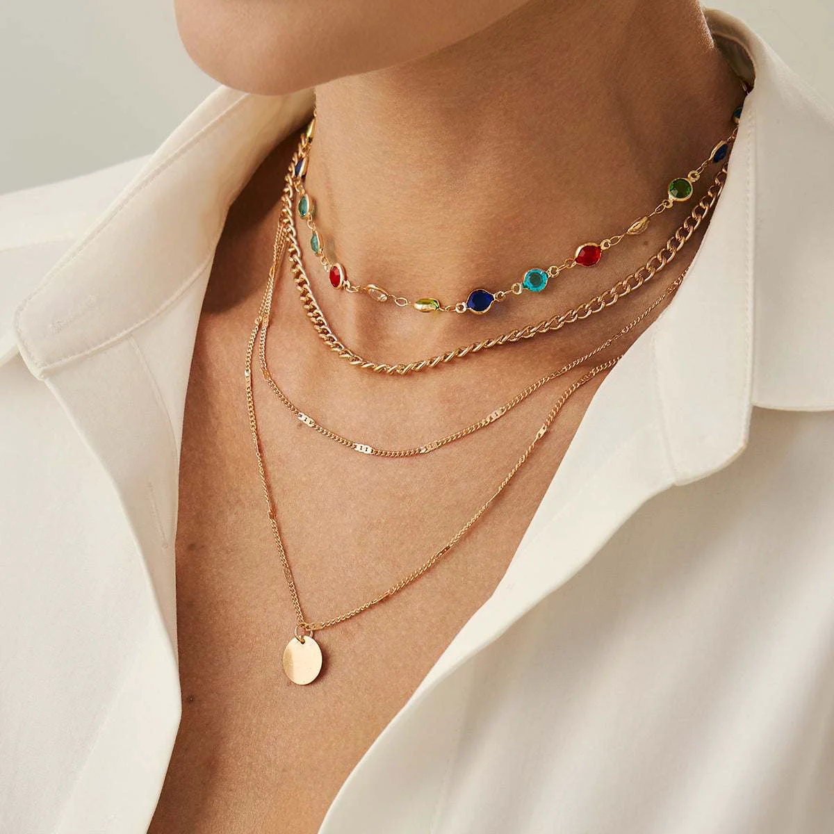 Fashionable Multi-Colored Crystal Goldtone Circular Pendant Layered Necklace Set Powerful