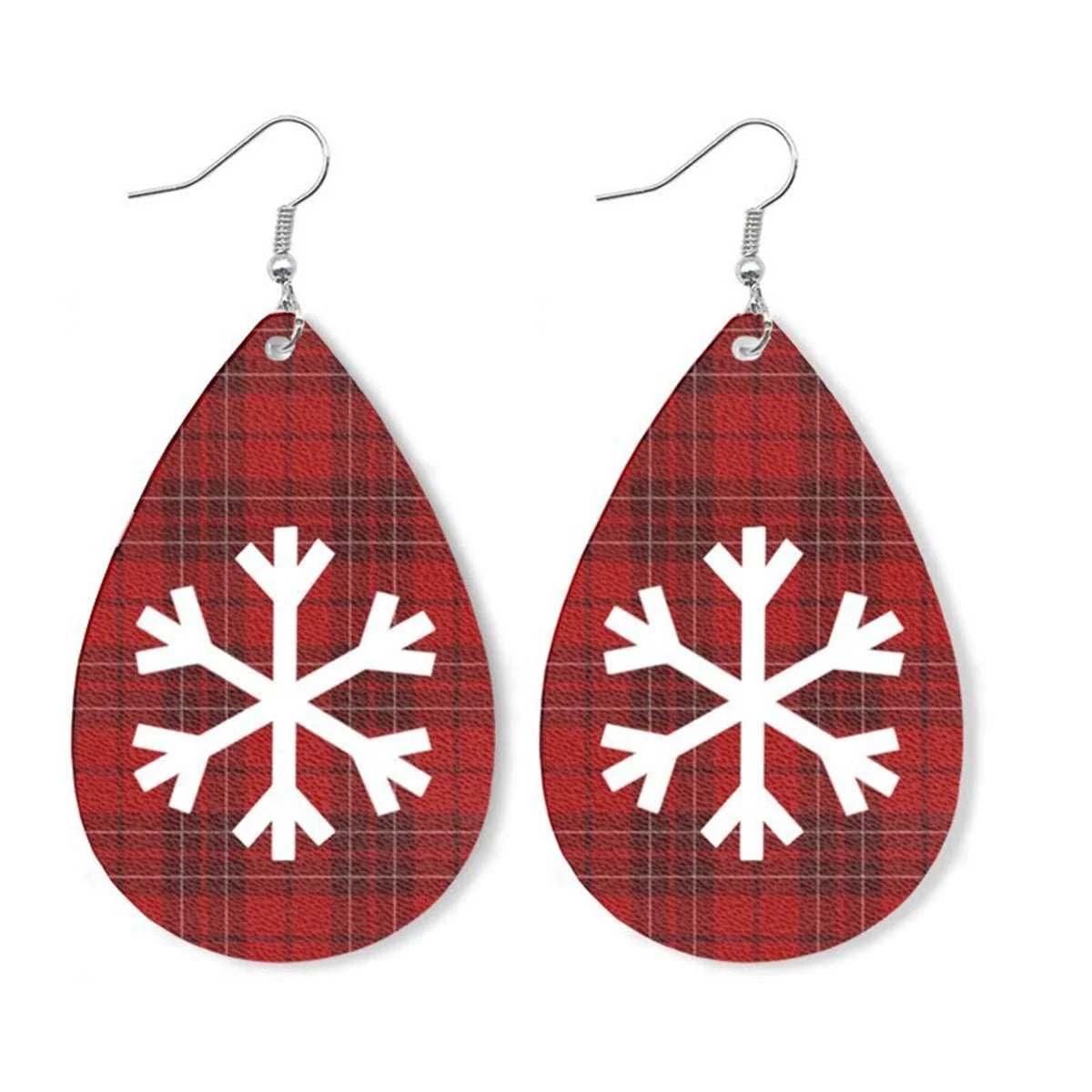 Professional Red Polystyrene Silvertone Plaid Snowflake Drop Earrings Premium