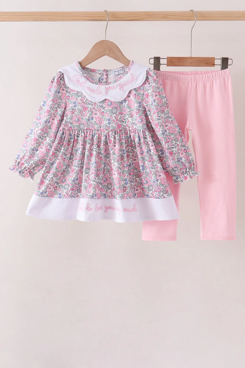 Organic Pink Floral Embroidery Pants Set Quality