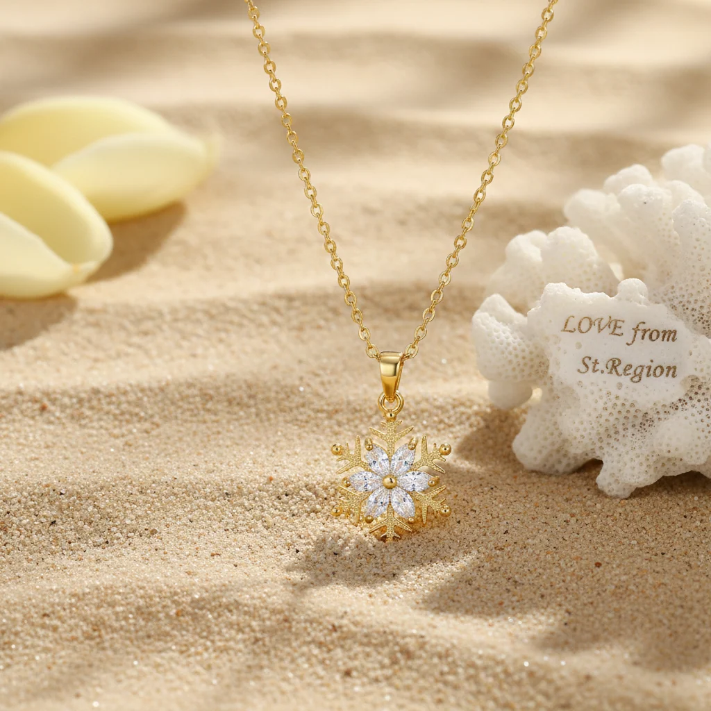 Minimalist Crystal Goldtone Snowflake Pendant Necklace Professional