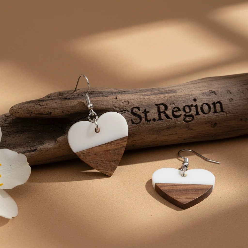 Specialty White Resin Wood Silvertone Heart Hook Earrings Contemporary