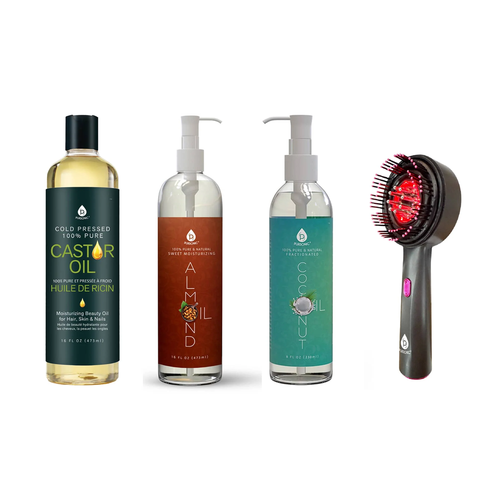 Powerful PURSONIC The Hair Skin Restoration Bundle LED Therapy Brush Castor Oil Sweet Almond Oil Fractionated Coconut Oil Detailed