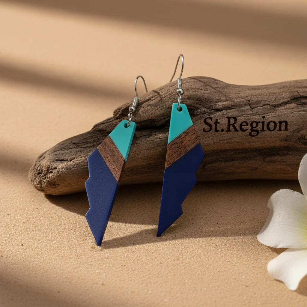 Optimized Mint Green Navy Resin Wood Silvertone Color-Block Wing Hook Earrings Enhanced