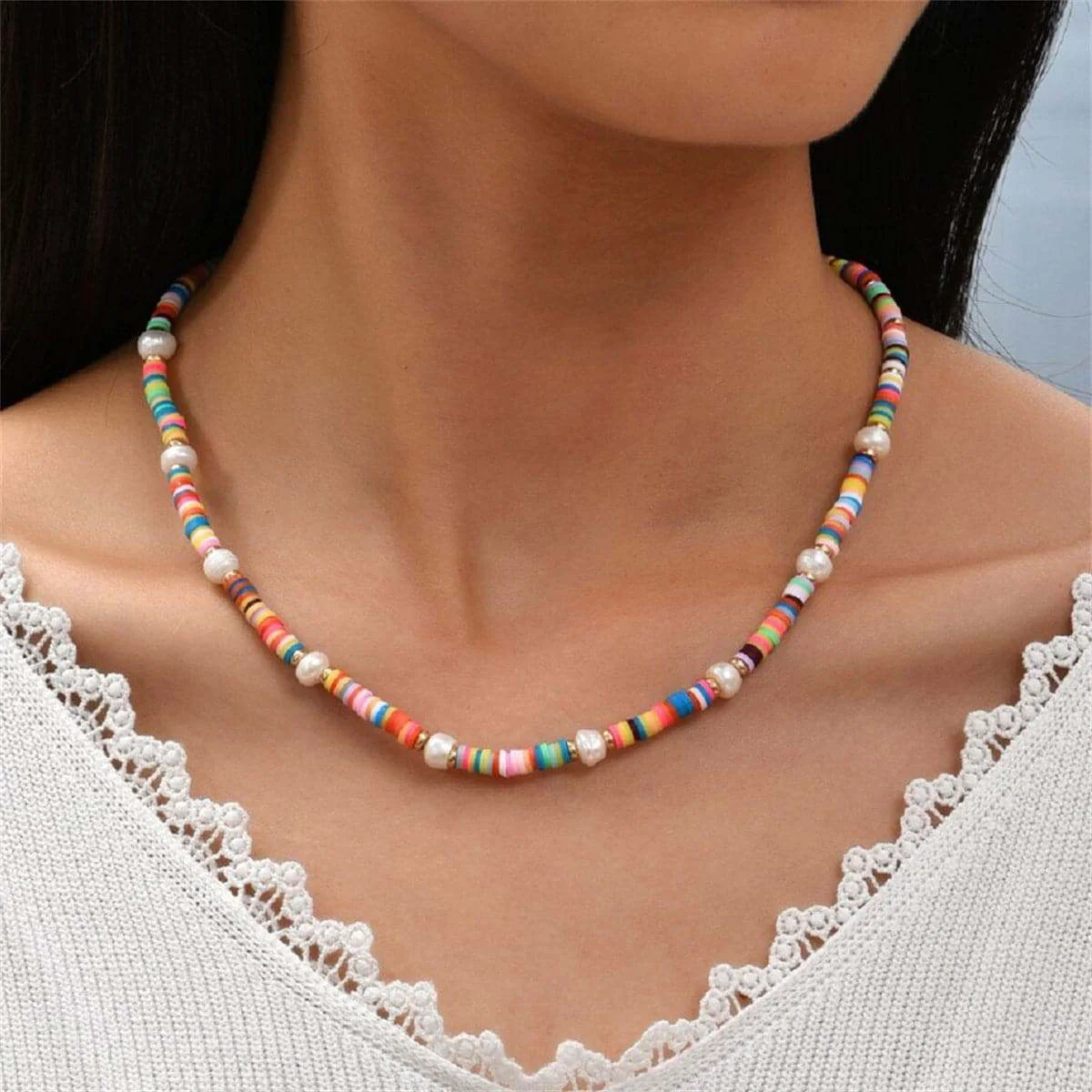 Smooth Pearl Multicolor Polymer Clay Goldtone Bead Necklace High-End