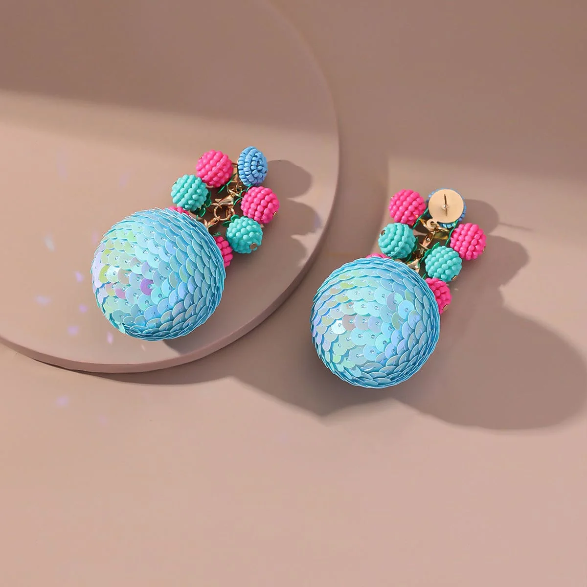 High-Performance Blue Acrylic Howlite Goldtone Round Bayberry Sequin Ball Drop Earrings User-Friendly