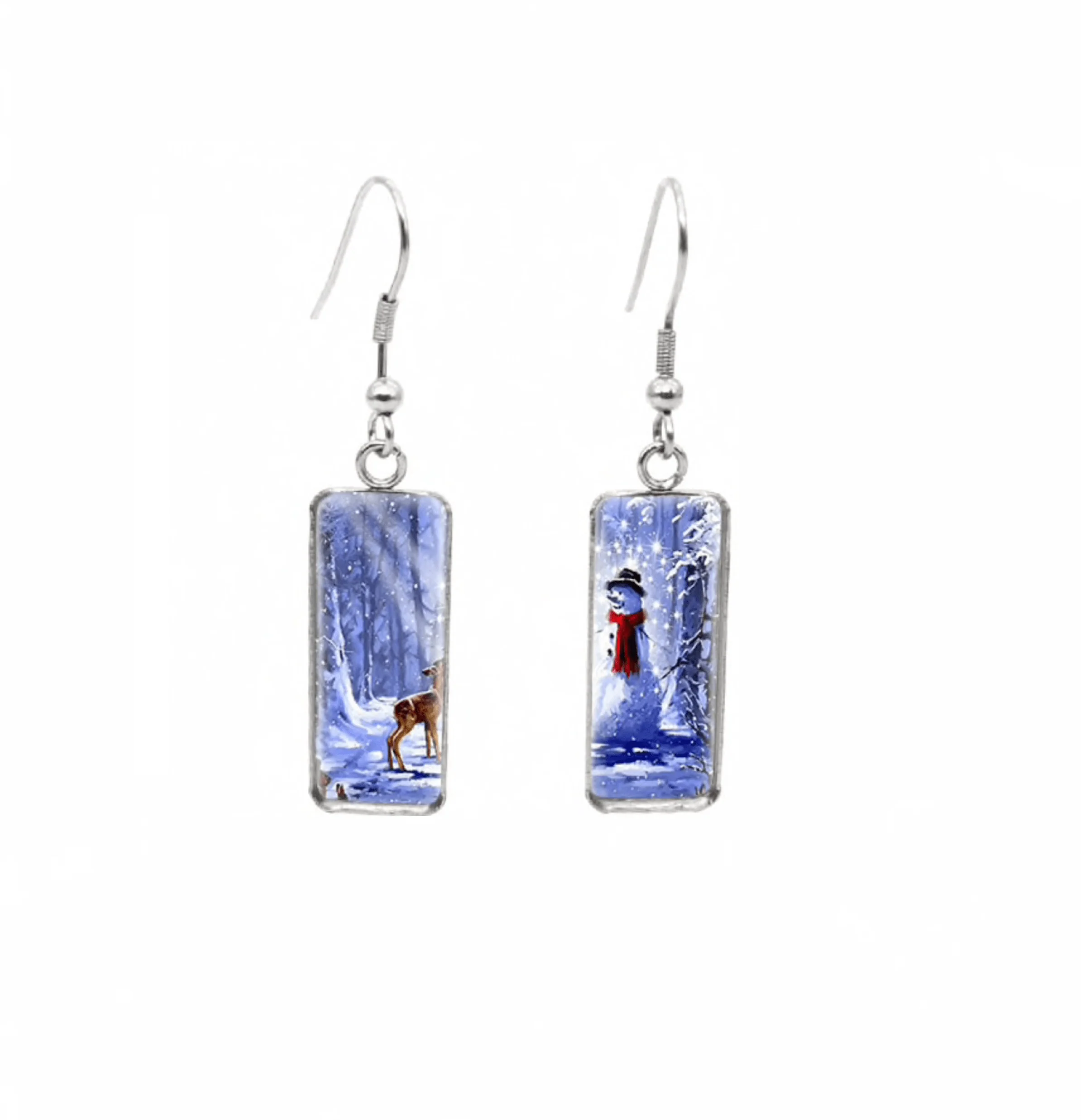 Casual Don't AsK Rectangular Art-Print Drop Earrings – Deer Snowman – Lightweight Dangle Earrings for Women Modern