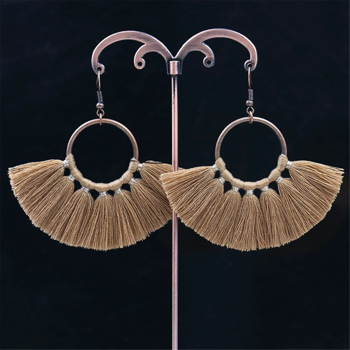 User-Friendly Coffee Polyster Goldtone Fan Tassel Drop Earrings Next-Generation