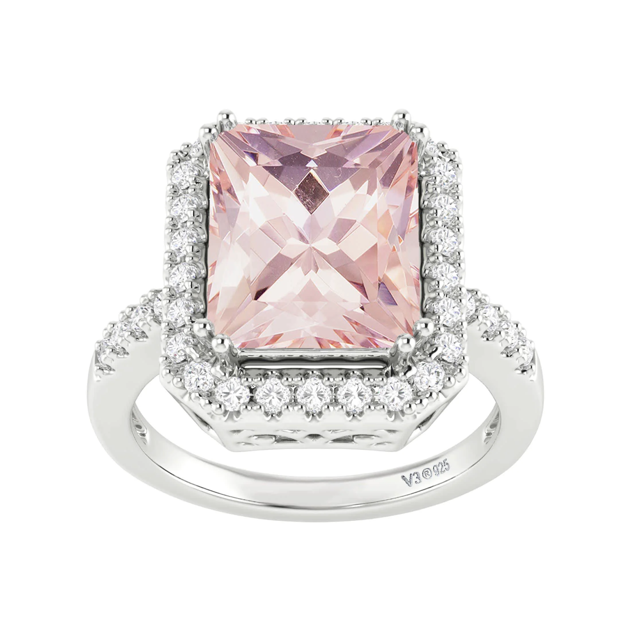 Excellent V3 Jewelry 925 Sterling Silver 4.50 Carat Emerald Cut Morganite and White Topaz Halo Ring Original Design