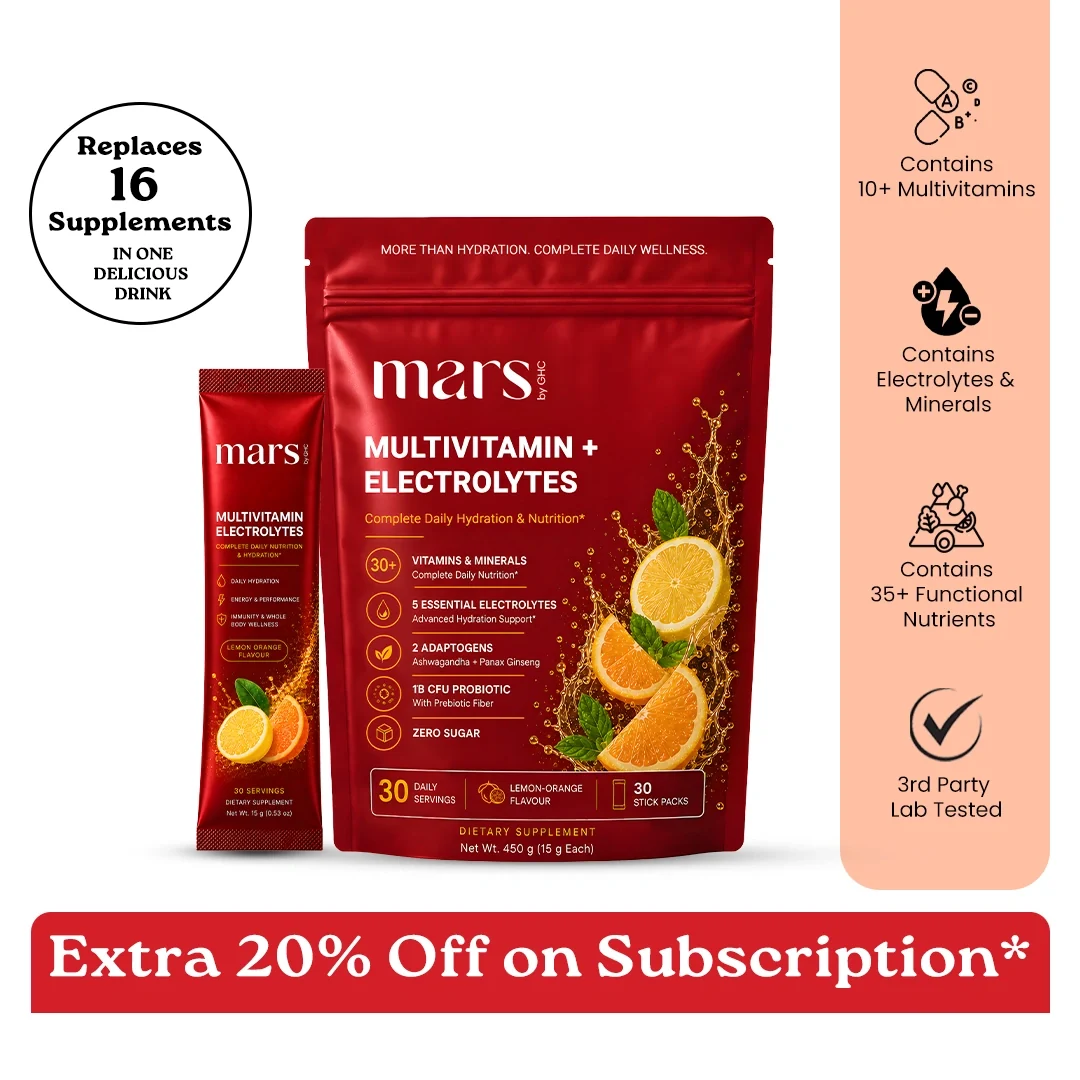 Excellent Mars Multivitamin Electrolytes Powder with Vitamins Minerals Adaptogens Probiotics Electrolytes Lemon Orange Flavour - Daily Hydration Energy Recovery Whole Body Wellness 30 Servings Refined