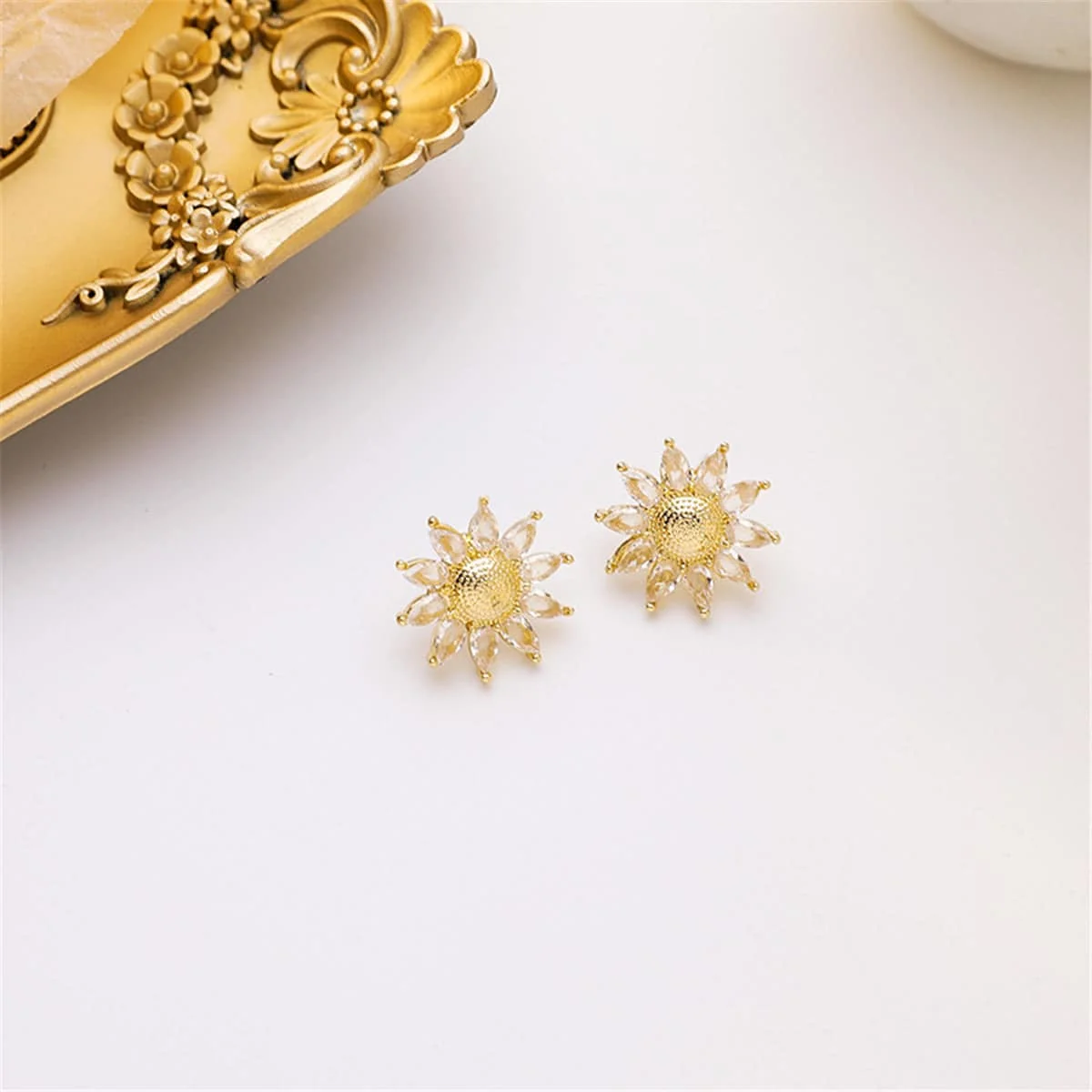 Sustainable Crystal Goldtone Sunflower Stud Earrings Eco-Friendly