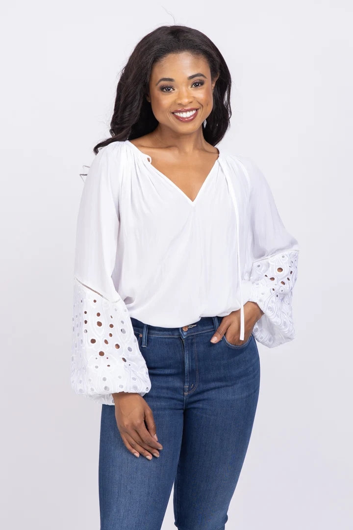 High-Performance Ramy Brook Aleya Eyelet-Sleeve Peasant Top Ivory Flexible
