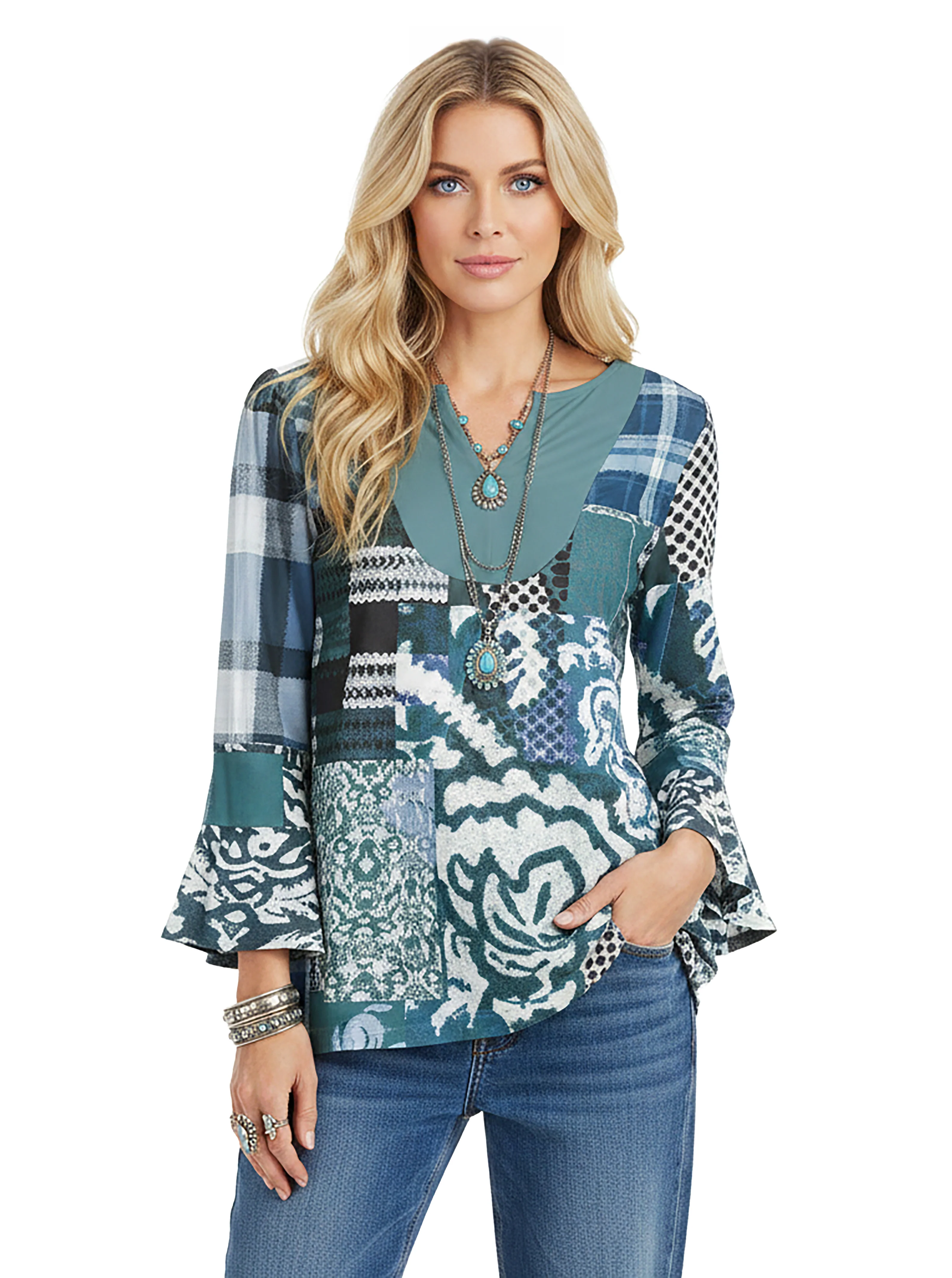 Long-Lasting Lily by Firmiana Women's Bracelet Length Sleeve Tunic with Yolk and V-Neck Women's Apparel Exceptional