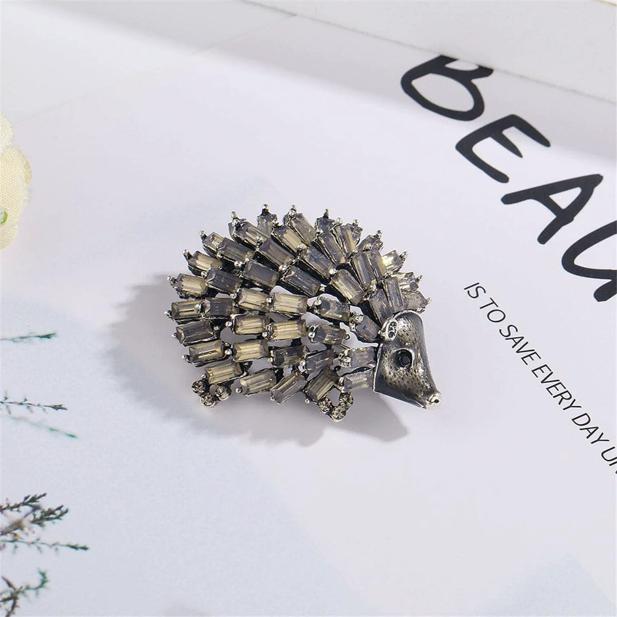 Breathable Cubic Zirconia Silvertone Open Hedgehog Brooch Solid