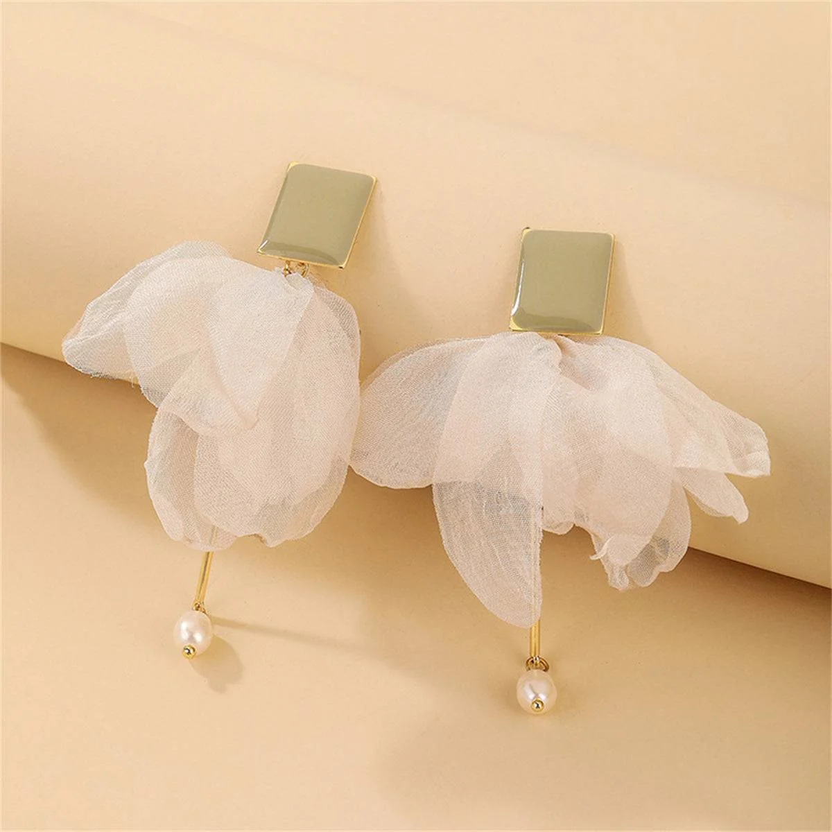 Exceptional Pearl Enamel Mesh Goldtone Drop Earrings Quality