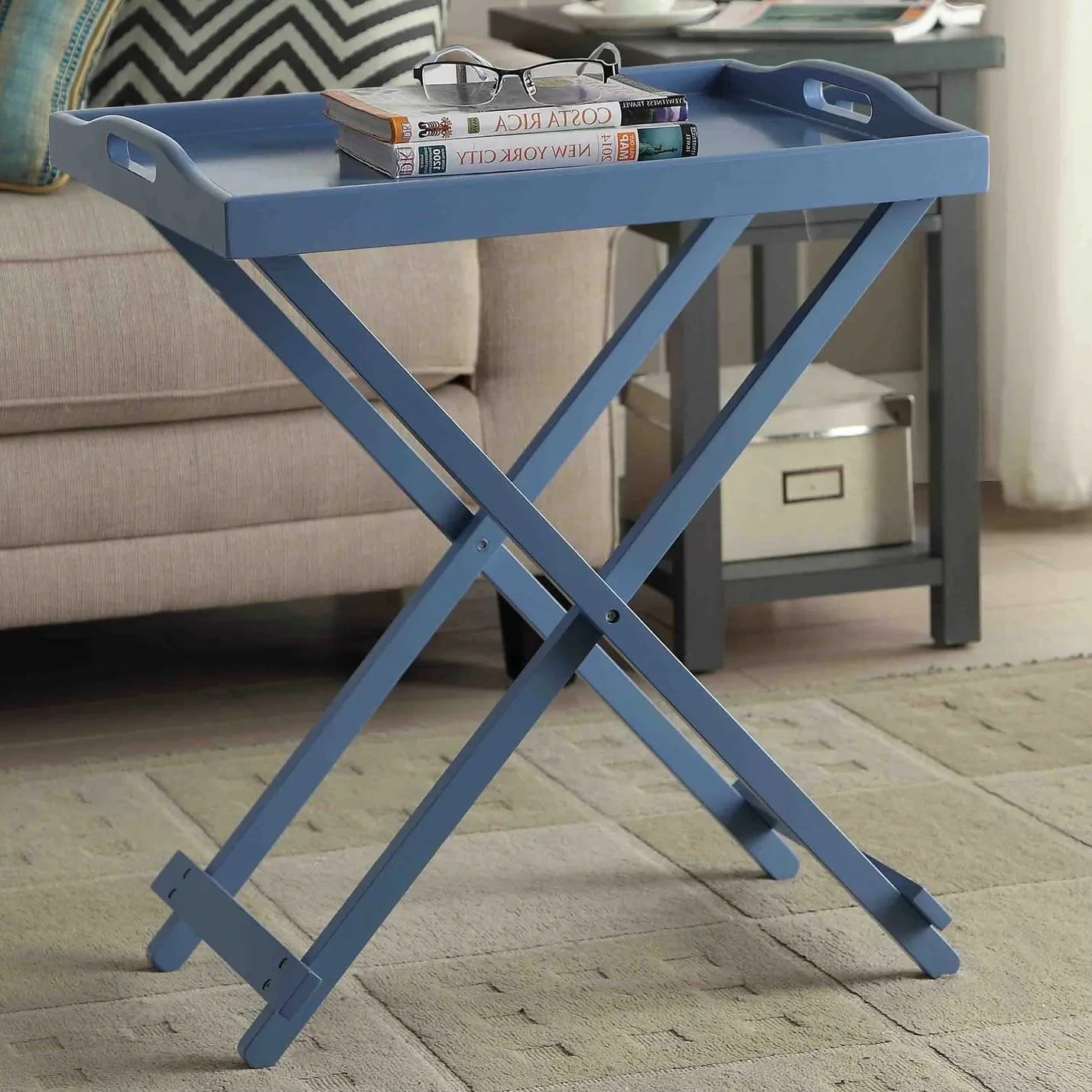 Advanced Folding TV Tray Bedside Table in Blue Wood Finish Clean