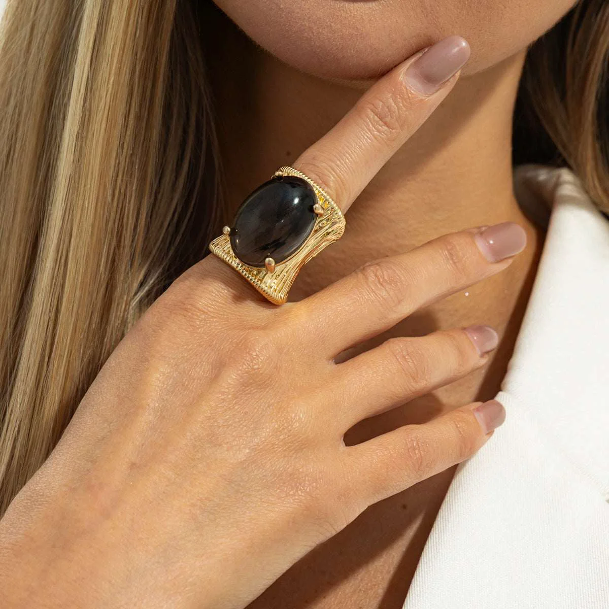 Secure Black Resin Goldtone Prong-Set Oval Open Ring Practical