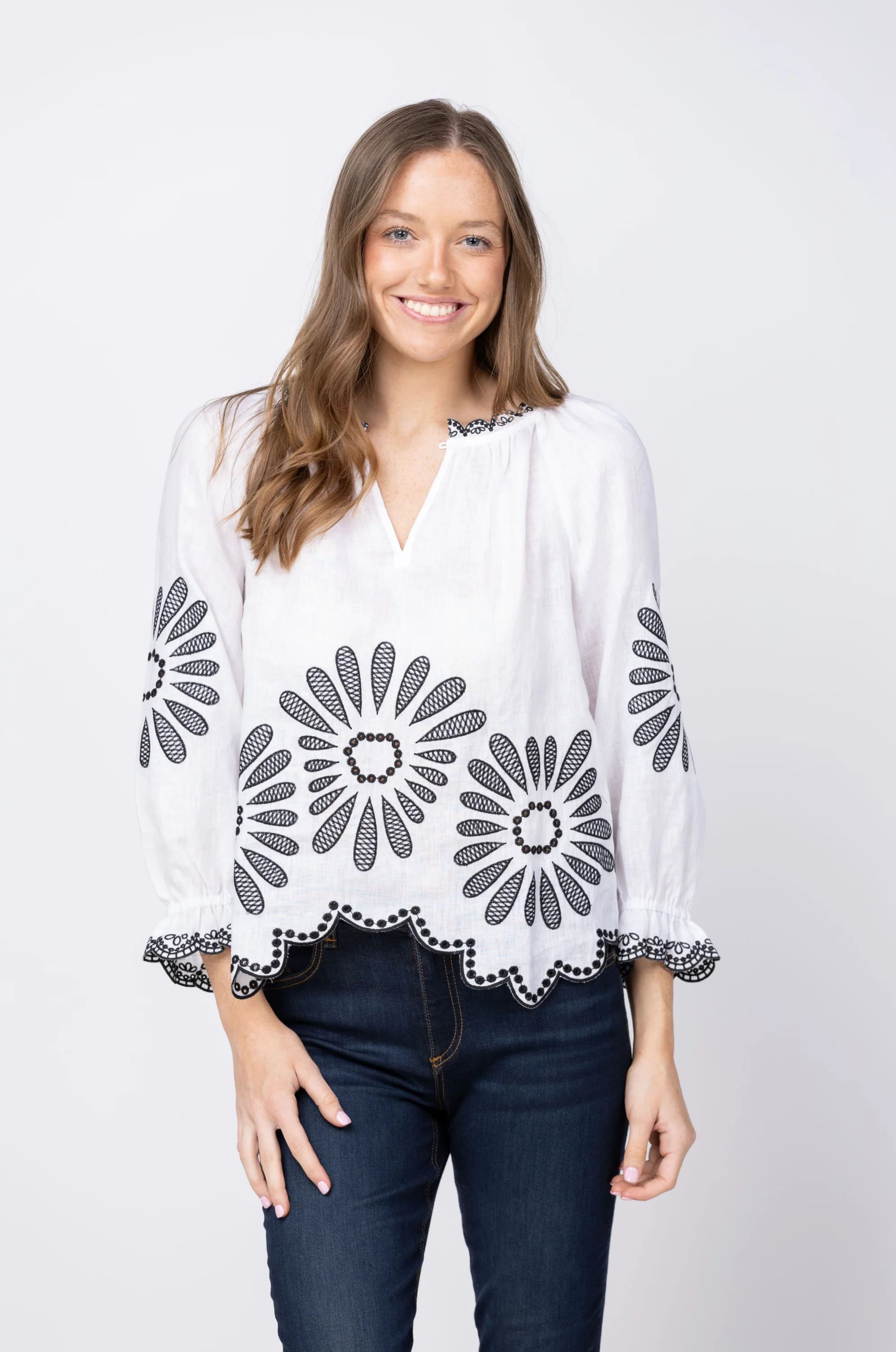 Specialty Tyler Boe Kelsey Linen Embroidered Top in Black White Official