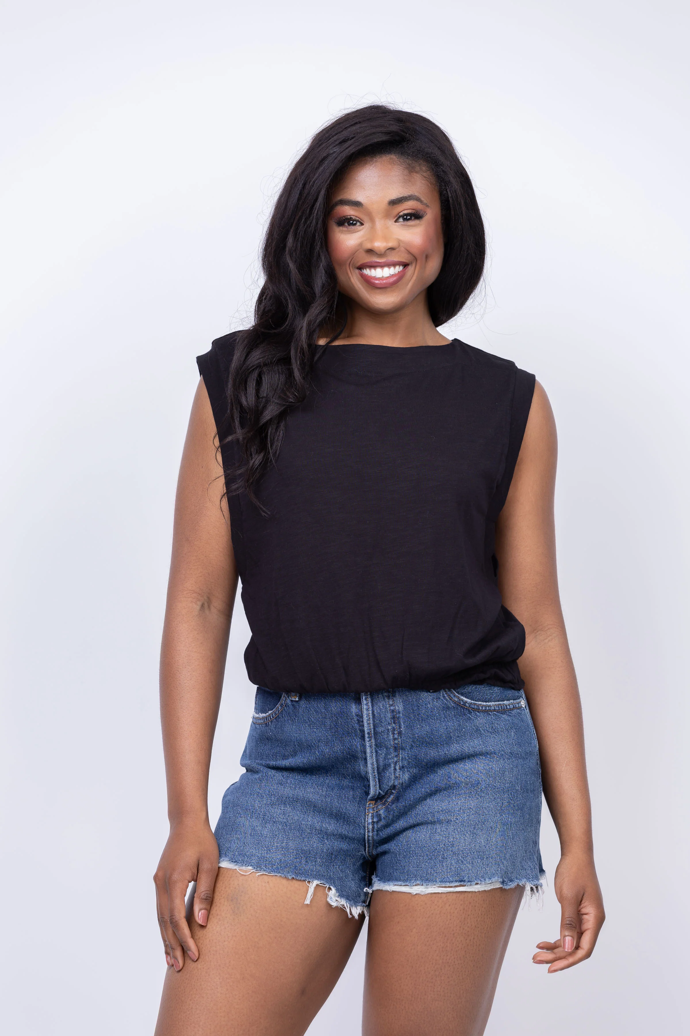 Healthy Lilla P Elastic Hem Boatneck Top in Black Prestigious