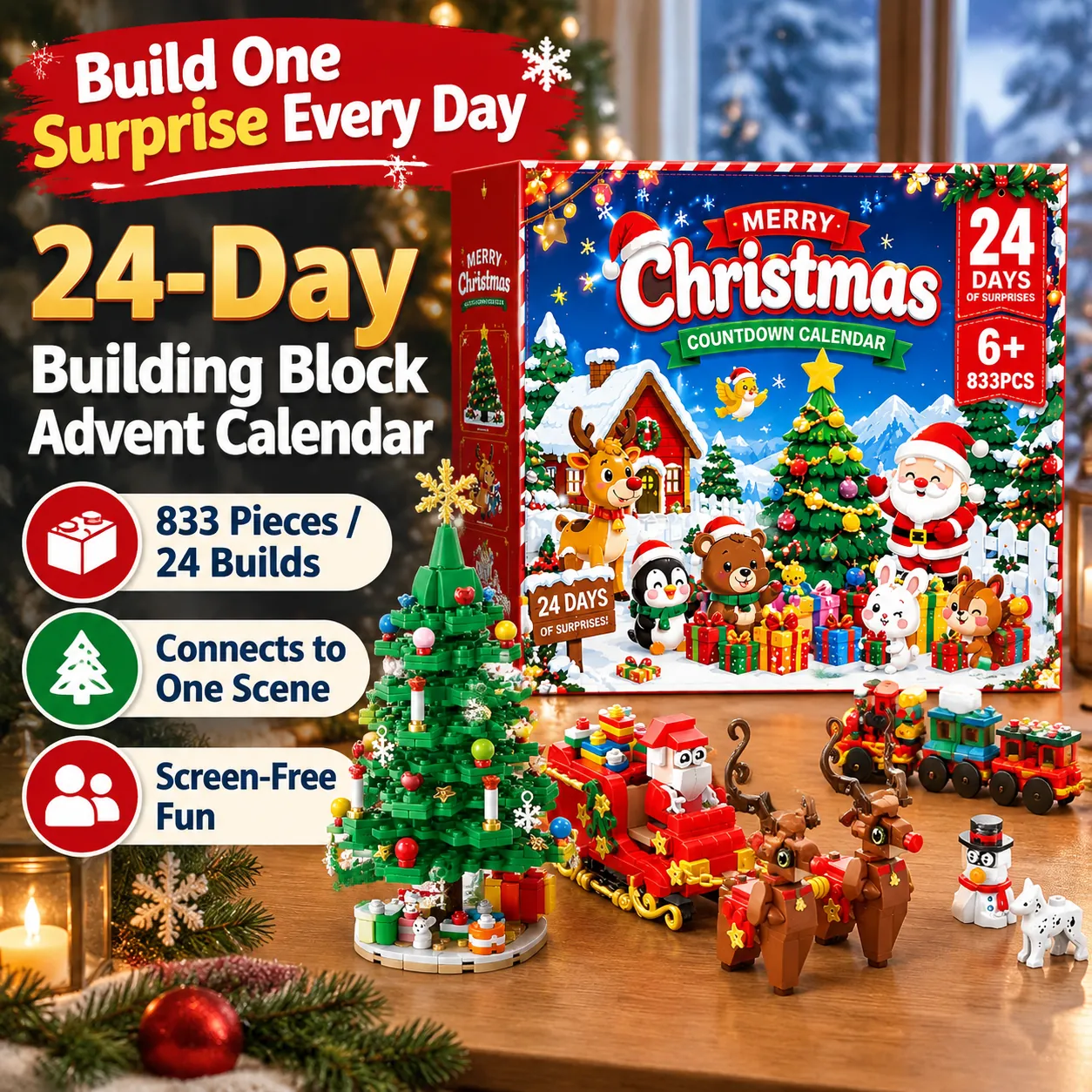 Fast 24-Day Christmas Building Block Blind Box — 833Pcs Advent Calendar The Advent Calendar That Builds Something by Christmas Eve Prestigious