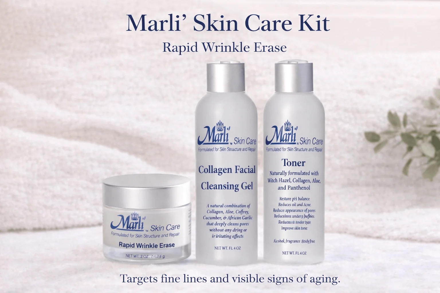 Unique Rapid Wrinkle Erase Marli Complete Skin Care Kit With Rapid Wrinkle Erase Cream Collagen Facial Cleanser Gel pH Balancing Toner Casual