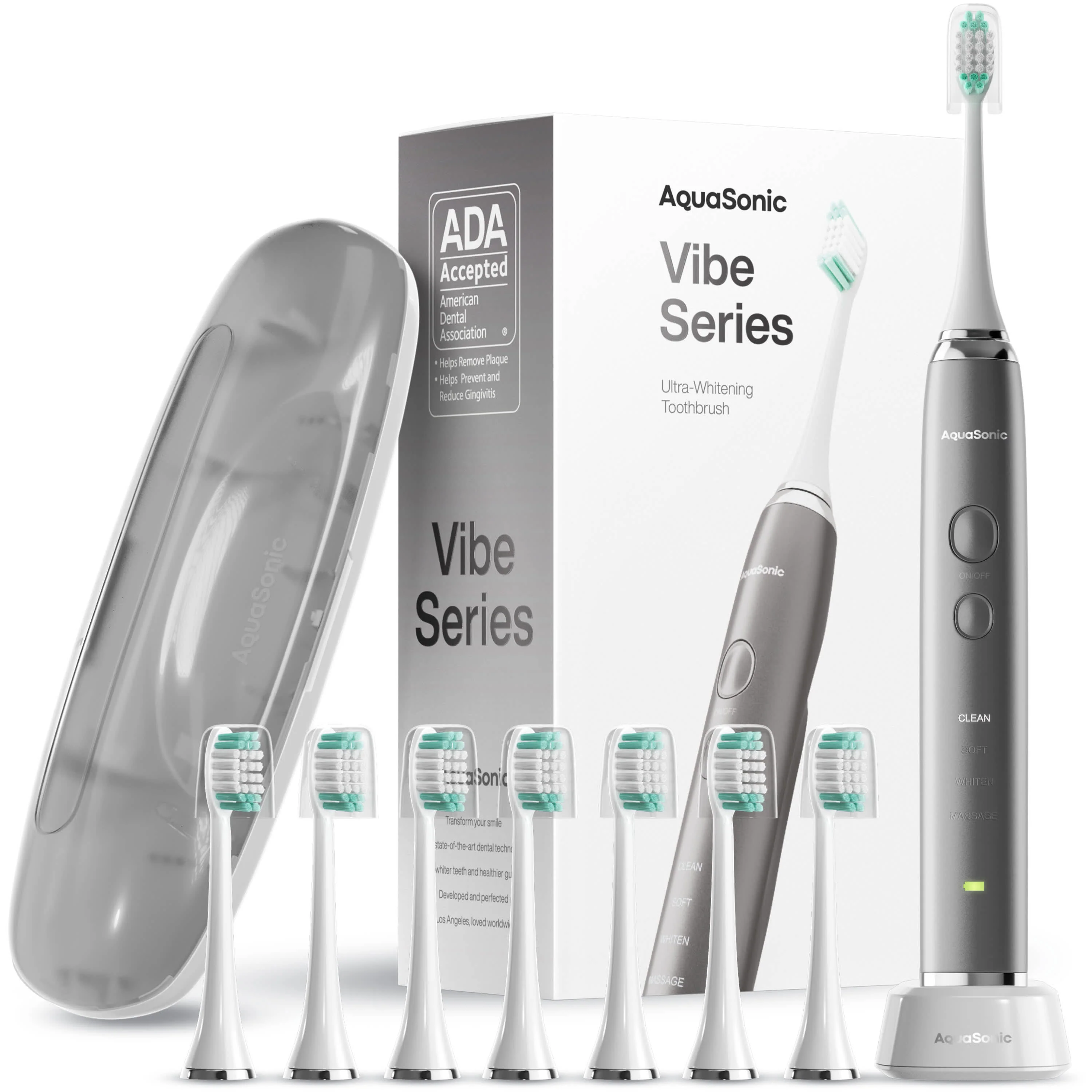 Verified AquaSonic VIBE UltraSonic Whitening Toothbrush w 8 DuPont Brush Heads Case Modern
