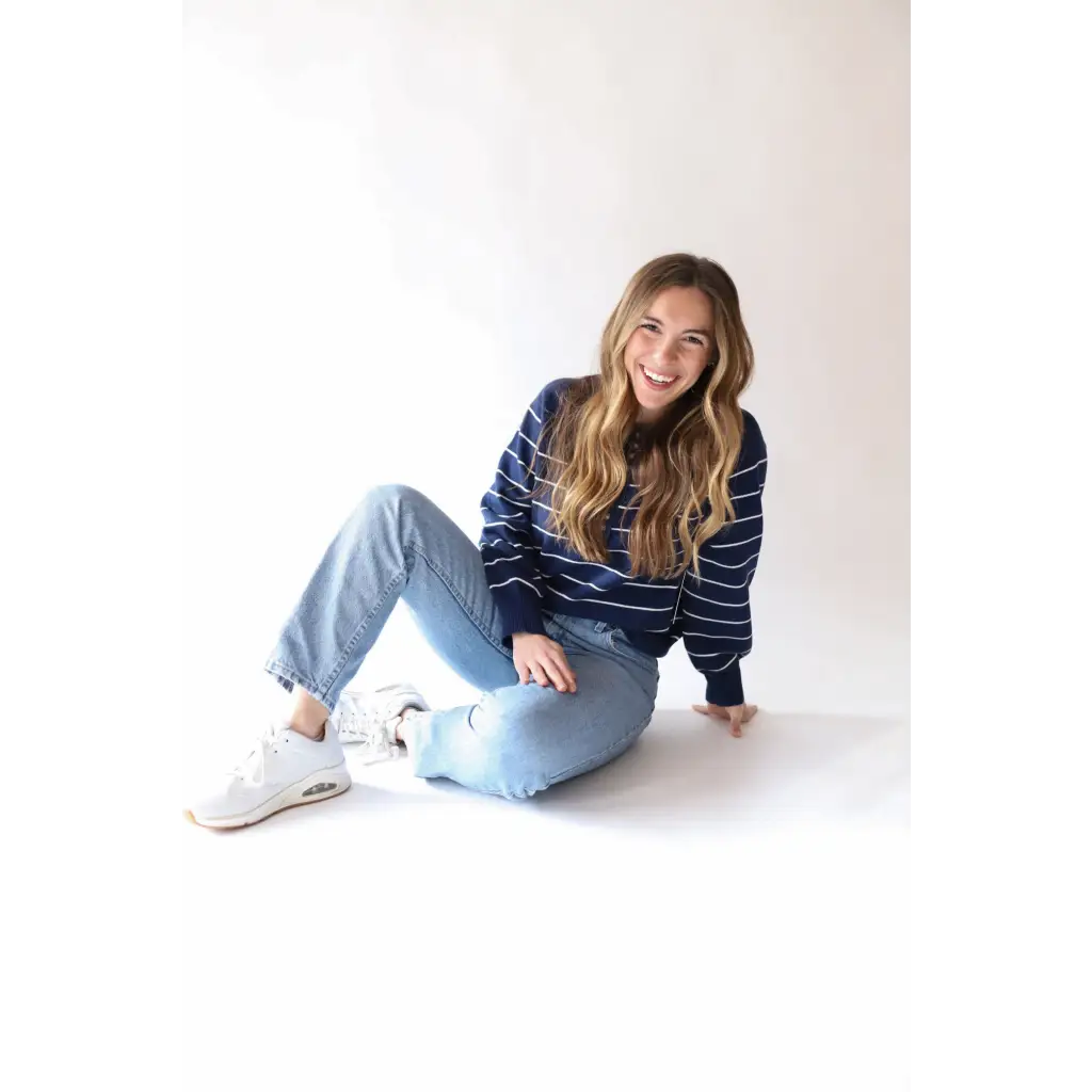 Top-Quality Ellen Henley Sweater in Navy with White Stripes High-Quality