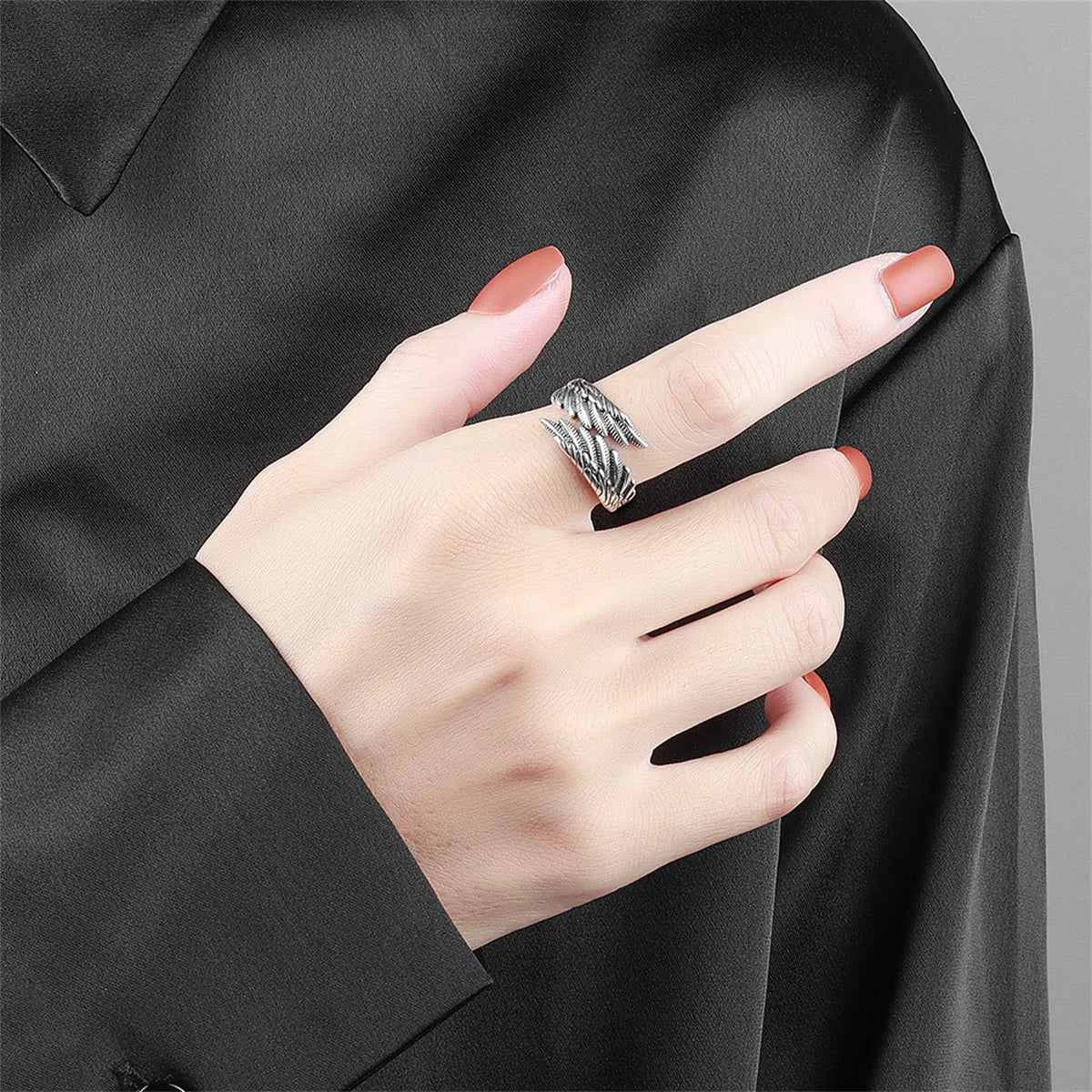 Elite Black Enamel Silvertone Feather Bypass Ring Premium Material