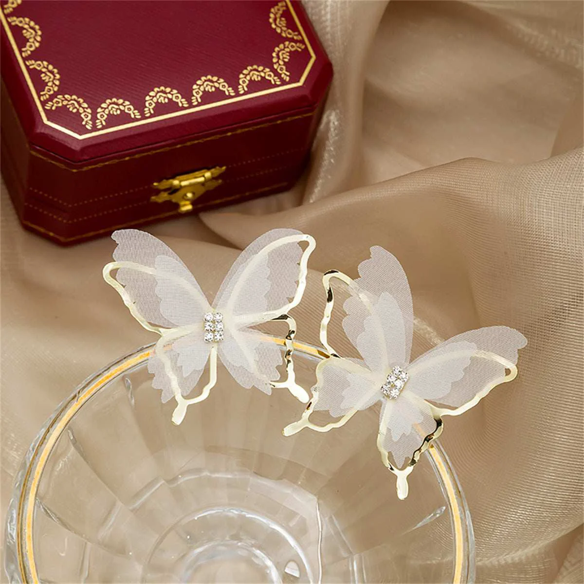 Contemporary Cubic Zirconia Goldtone Mesh Butterfly Stud Earrings Functional