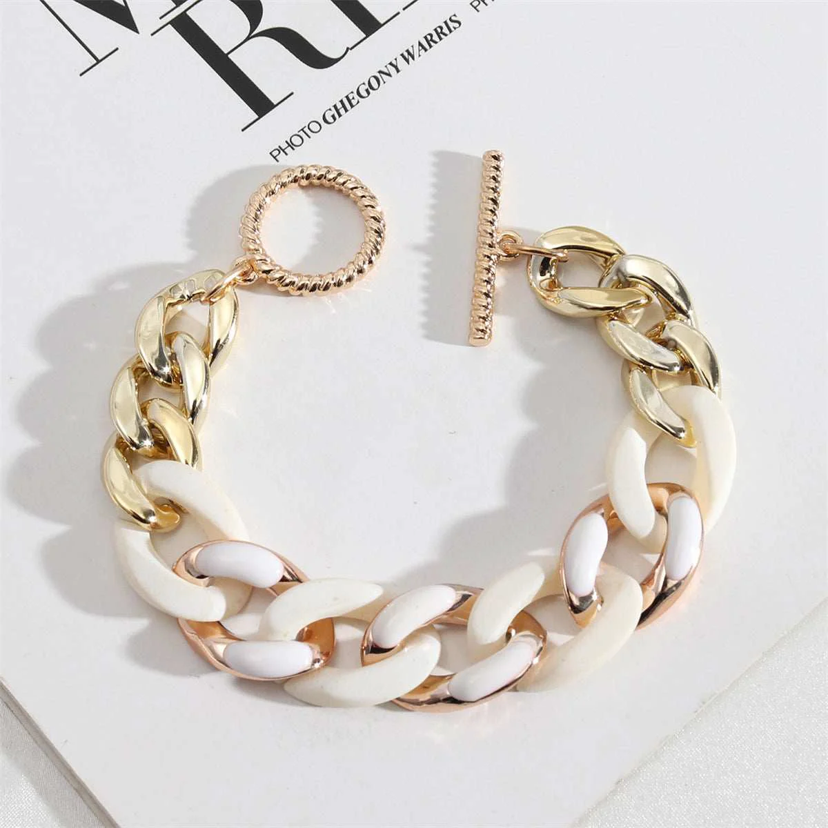 Specialty White Resin Enamel Goldtone Curb Chain Bracelet Unique