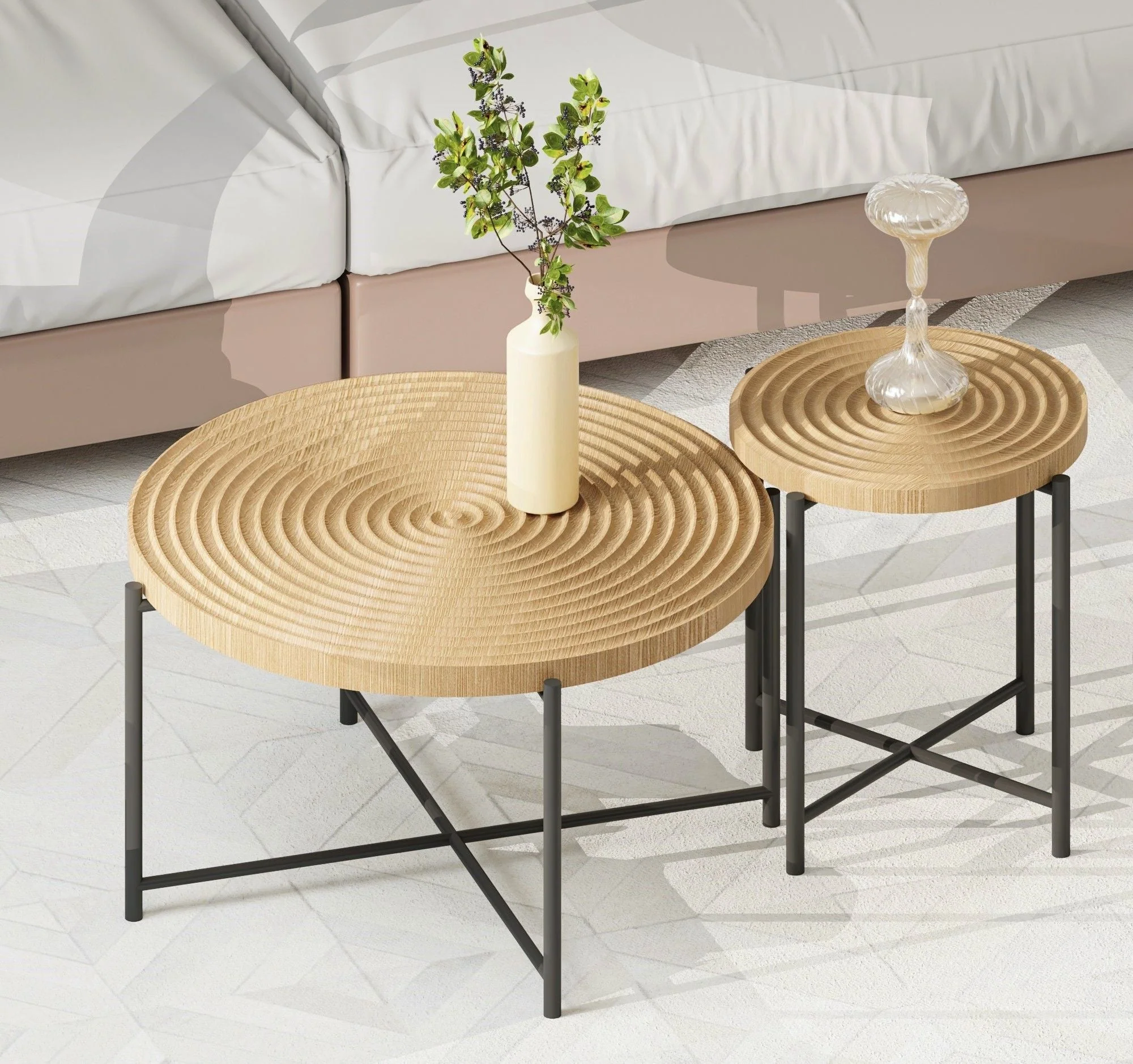 Clean Coffee and End Table Set Waterproof Cover Distressed Cylindrical Design Legs Classic Rustic Charm Set of 2 Practical
