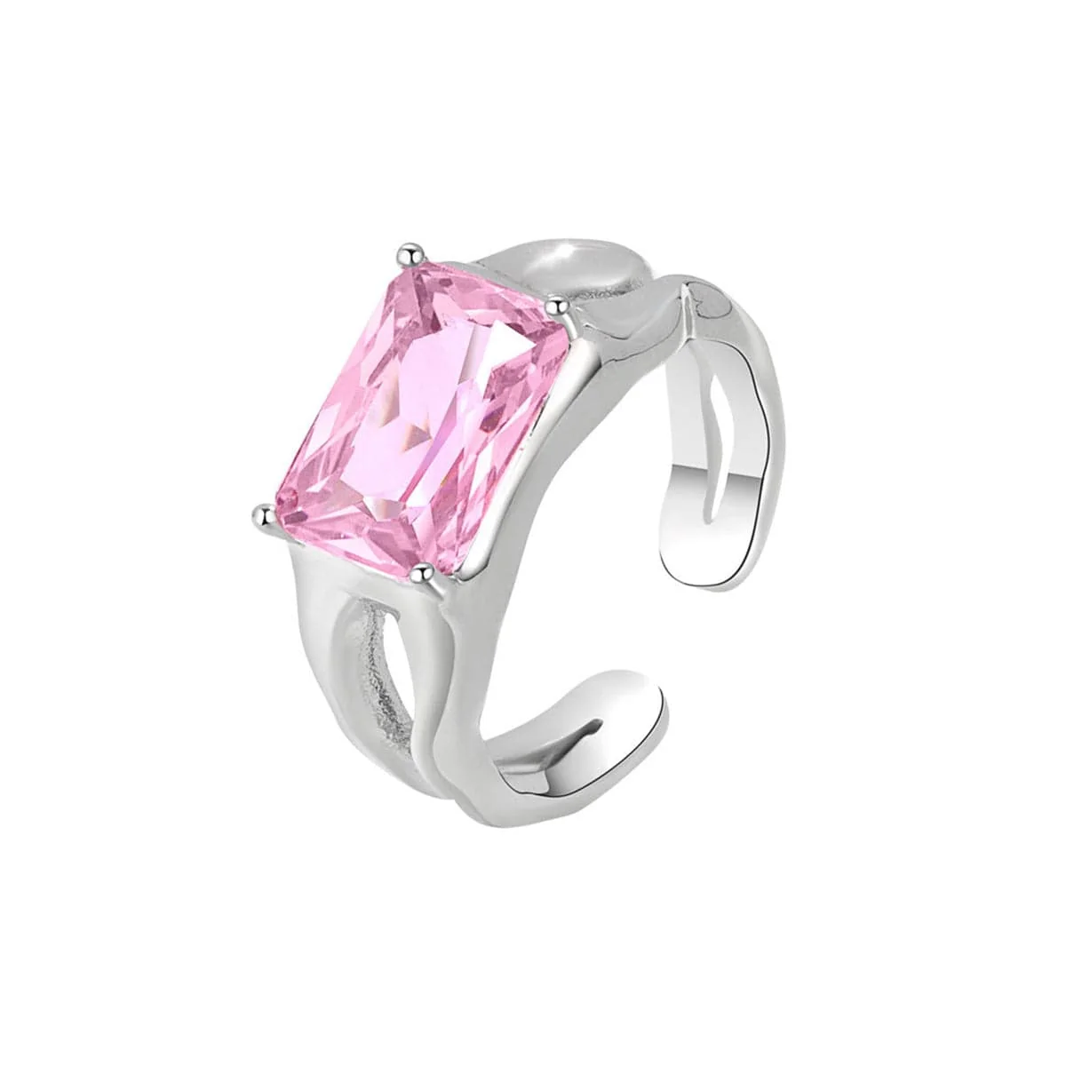 Reliable Pink Crystal Silvertone Rectangle Open Ring Excellent