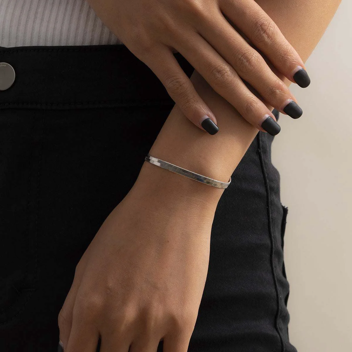 Genuine Silvertone Herringbone Chain Bracelet Modern