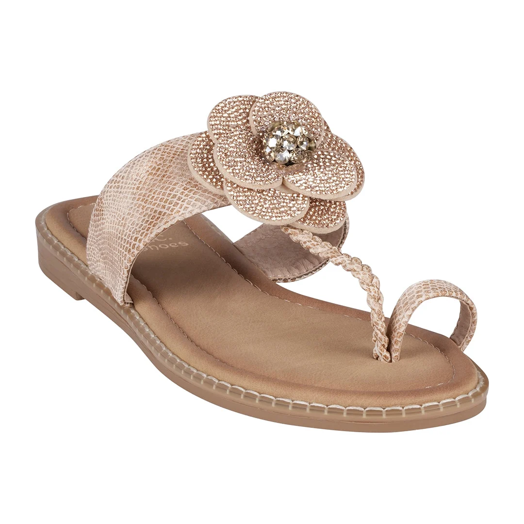 Selected Women's Blossom Rose Gold Embellished Flower Toe Ring Flat Sandals Dependable